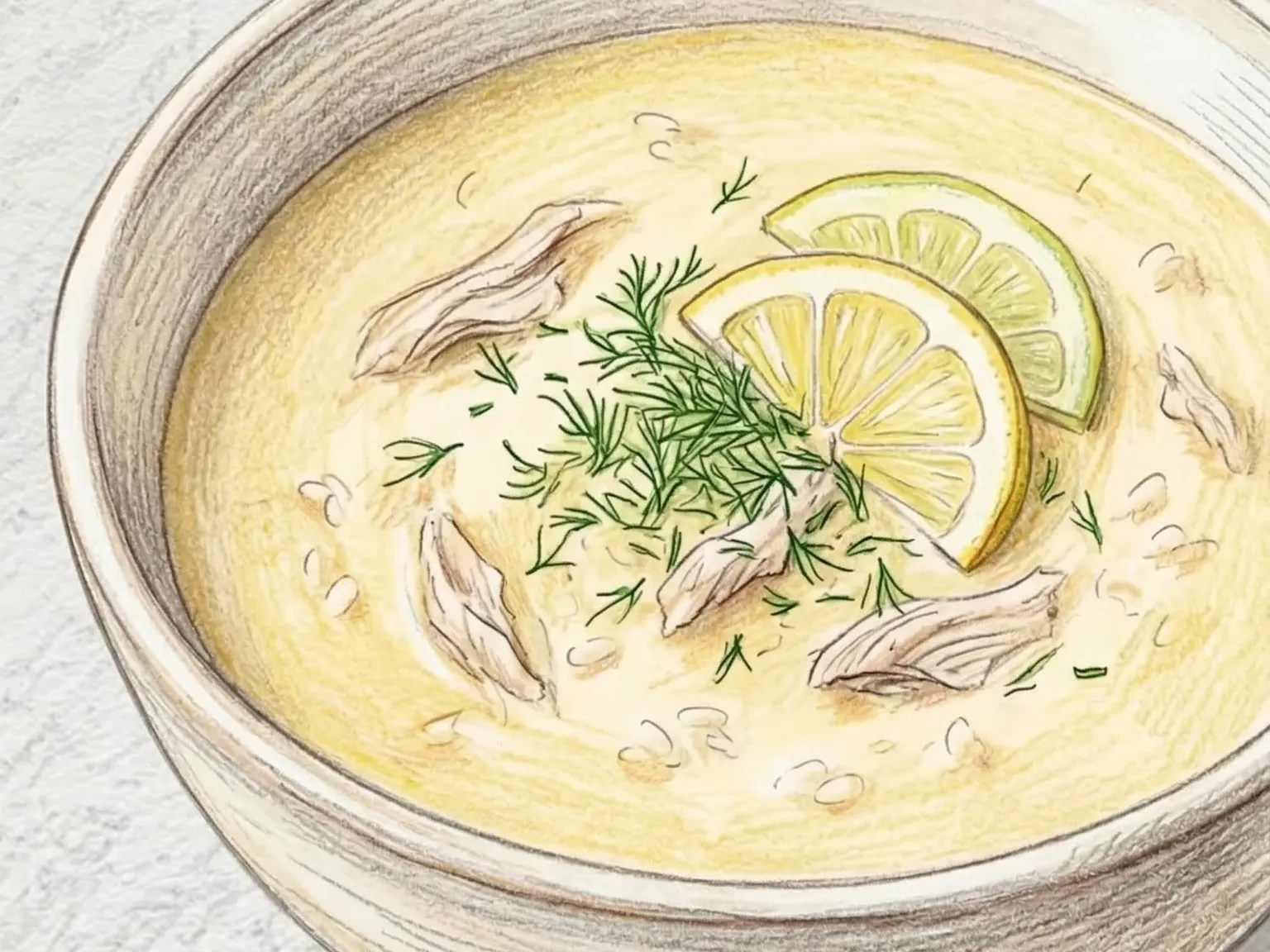 Avgolemono (Sopa grega de frango, arroz, ovo e limão)