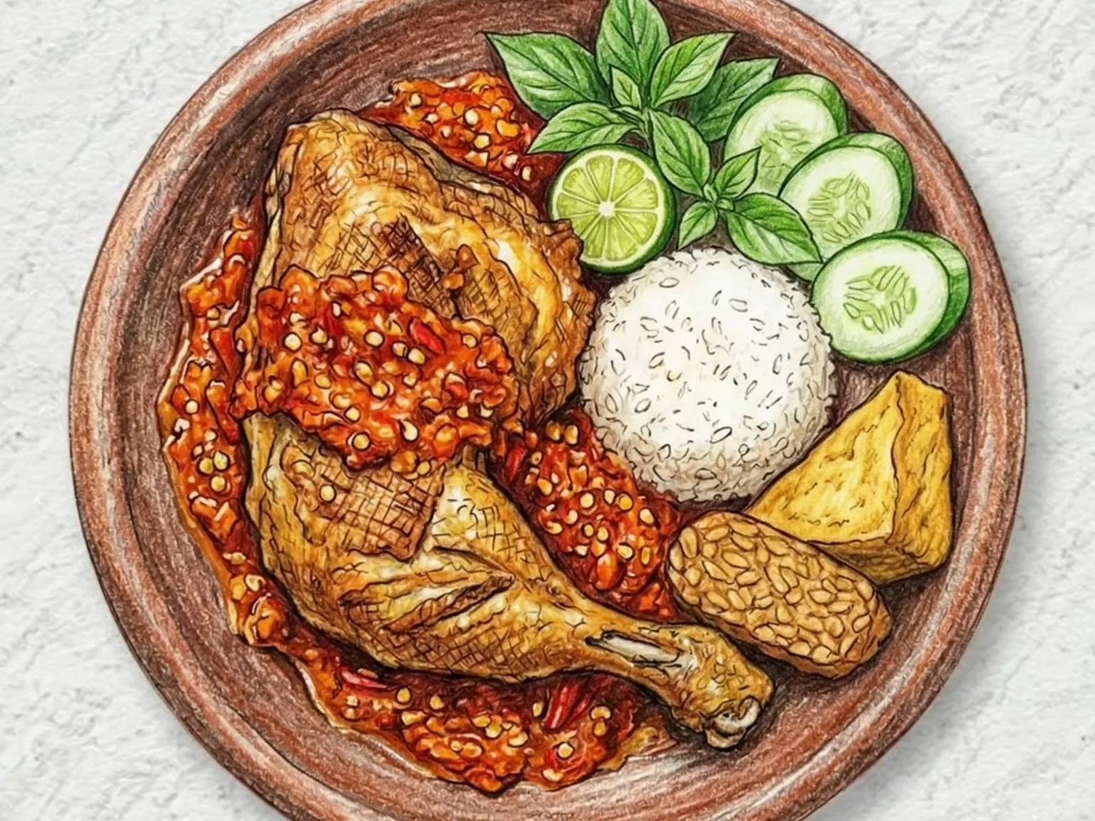 Ayam Penyet (frango frito amassado de Java com sambal)