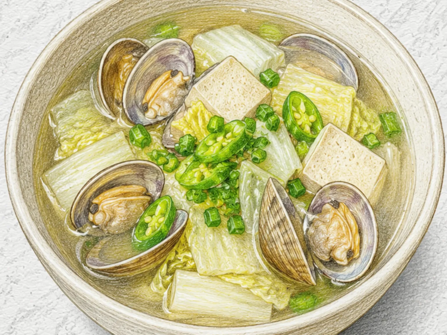 白キムチとアサリのクク（発酵酸味とアサリの澄んだスープ）