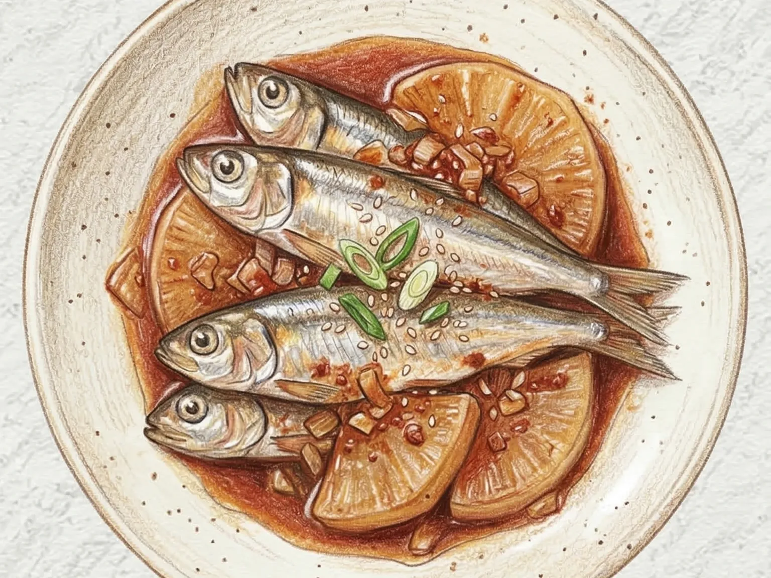 Baendaengi Mu Jorim (sardinas y rábano estofados en soja)