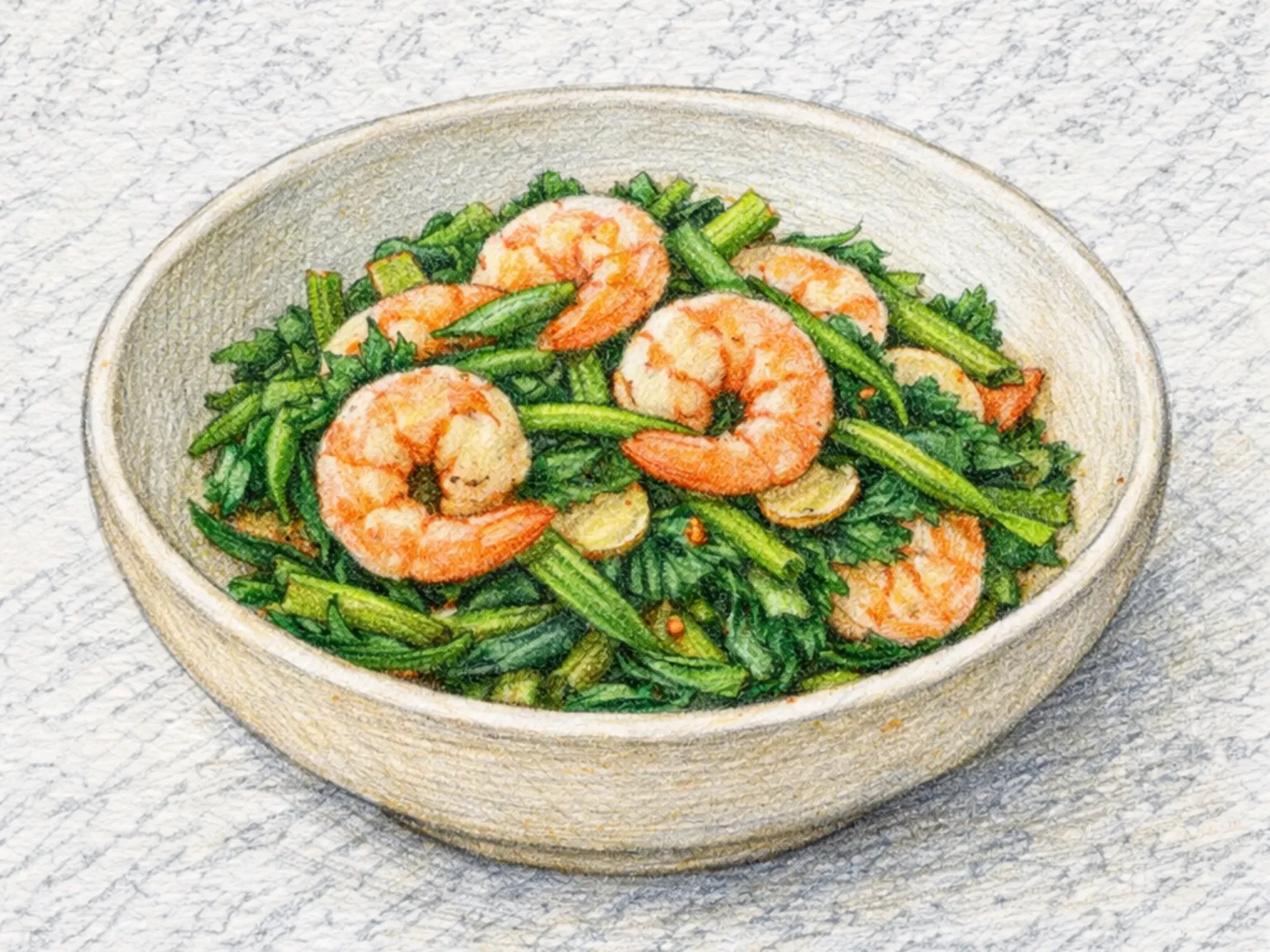 Bangpungnamul Saeu Bokkeum (hierba costera con camarones salteados)