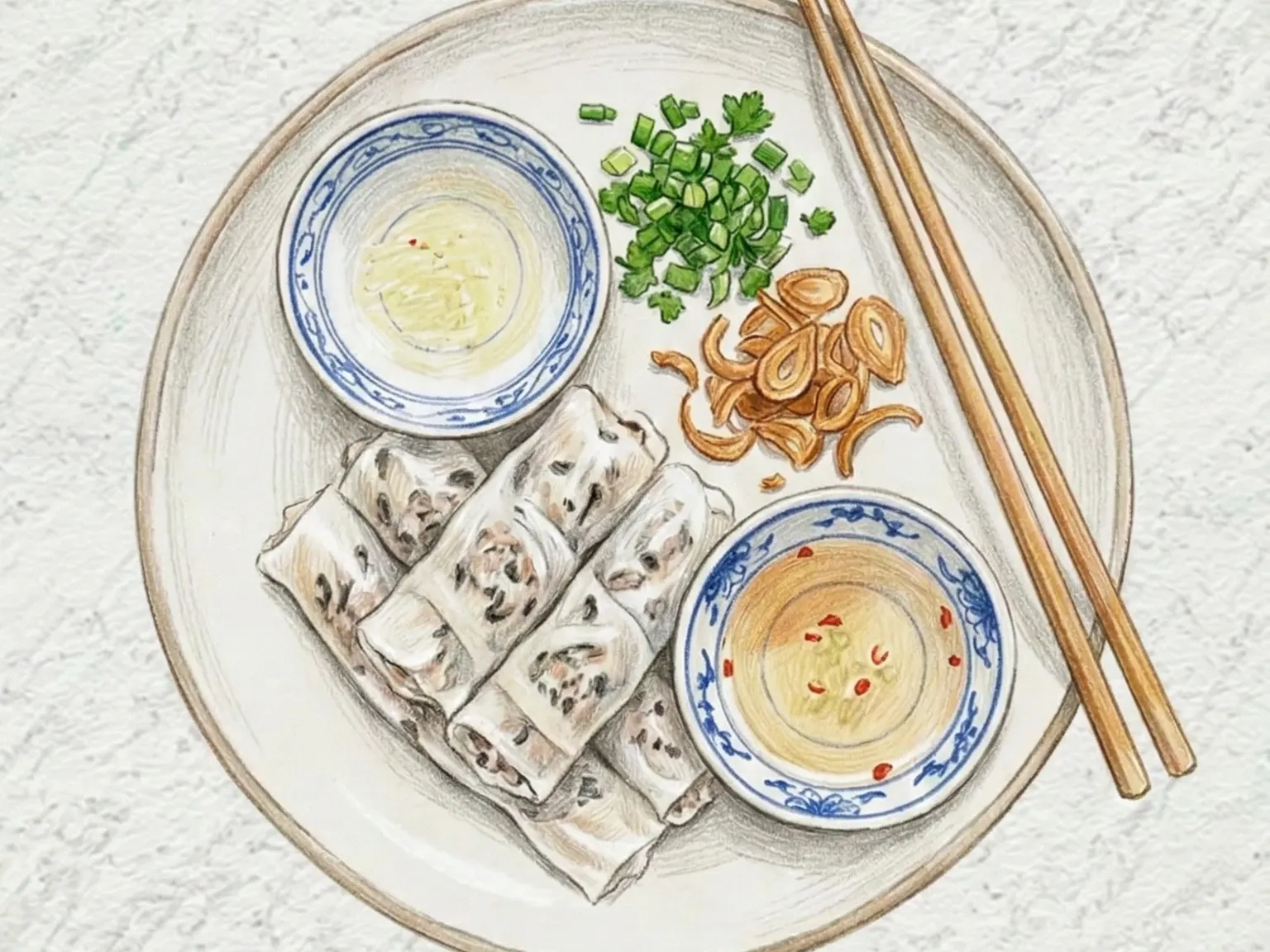 Banh Cuon (Rolinhos de arroz cozidos no vapor de Hanói com porco e cogumelos)