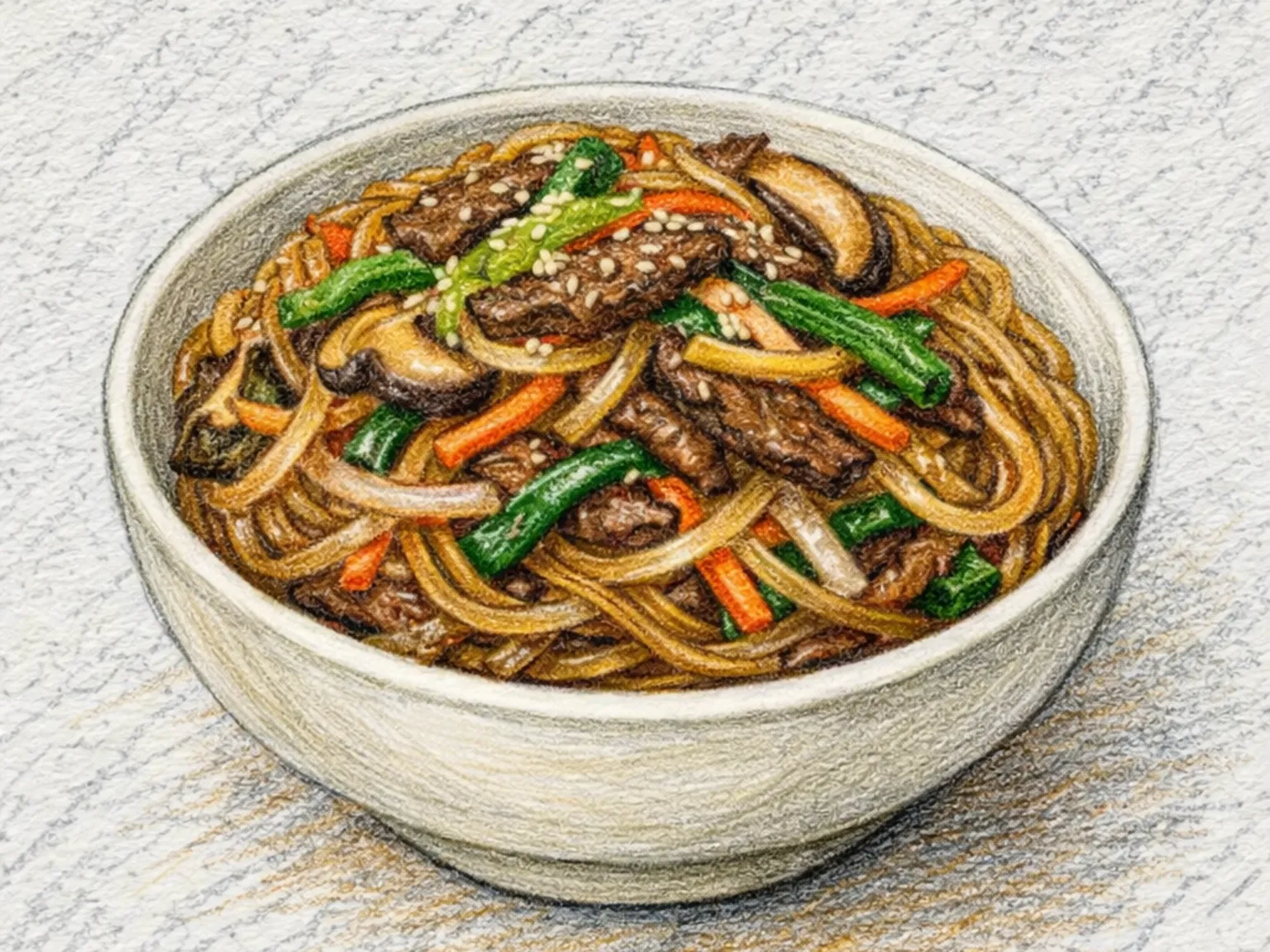 Japchae (macarrão de vidro com carne e cogumelo shiitake coreano)
