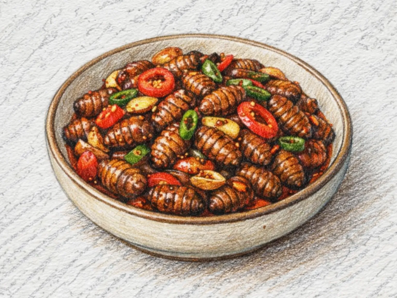 Beondegi-bokkeum (Crisálidas de gusano de seda salteadas estilo coreano)