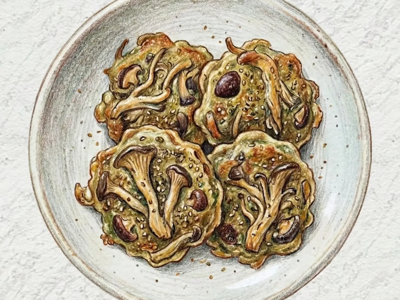 Beoseot Deulkkae Jeon (panqueque de champiñones y semillas de perilla)