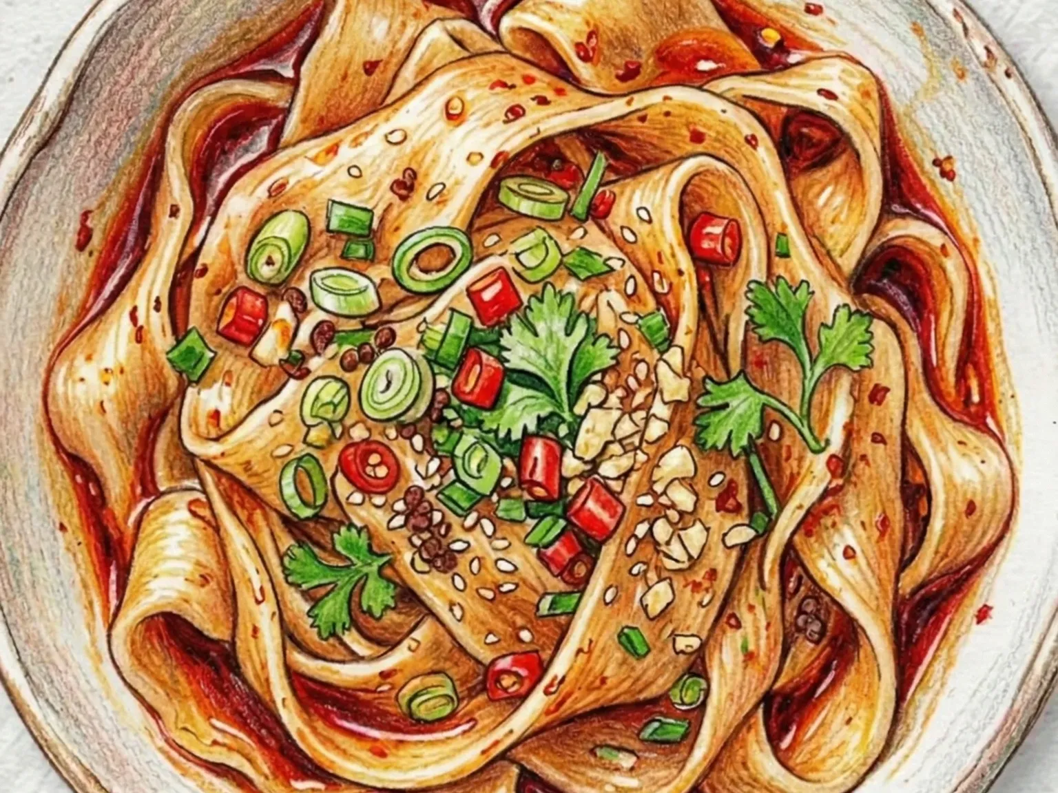 Biang Biang Mian (Macarrão de cinto puxado à mão de Xi'an com óleo de pimenta)