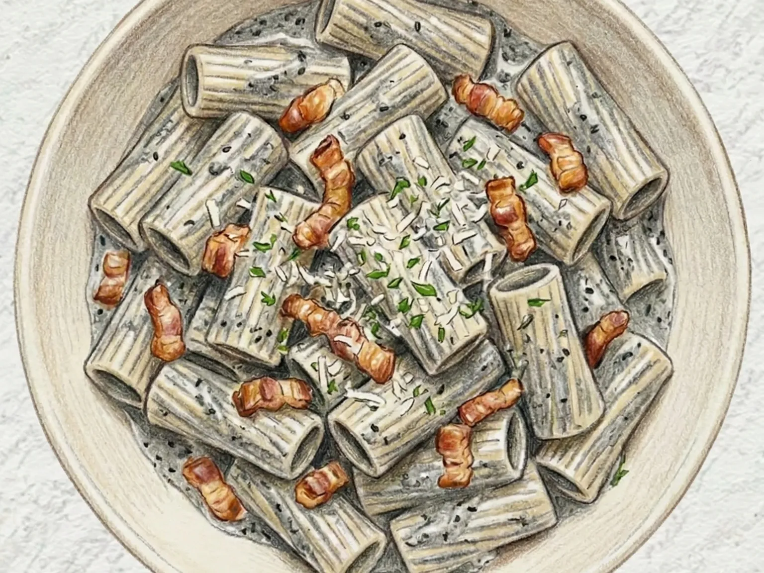 Heukimja Cream Bacon Rigatoni (pasta de rigatoni cremosa con sésamo negro)