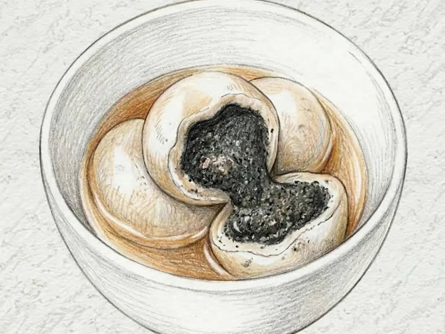 Tangyuan de Gergelim Preto (Bolinhos de arroz glutinoso com recheio de pasta de gergelim)