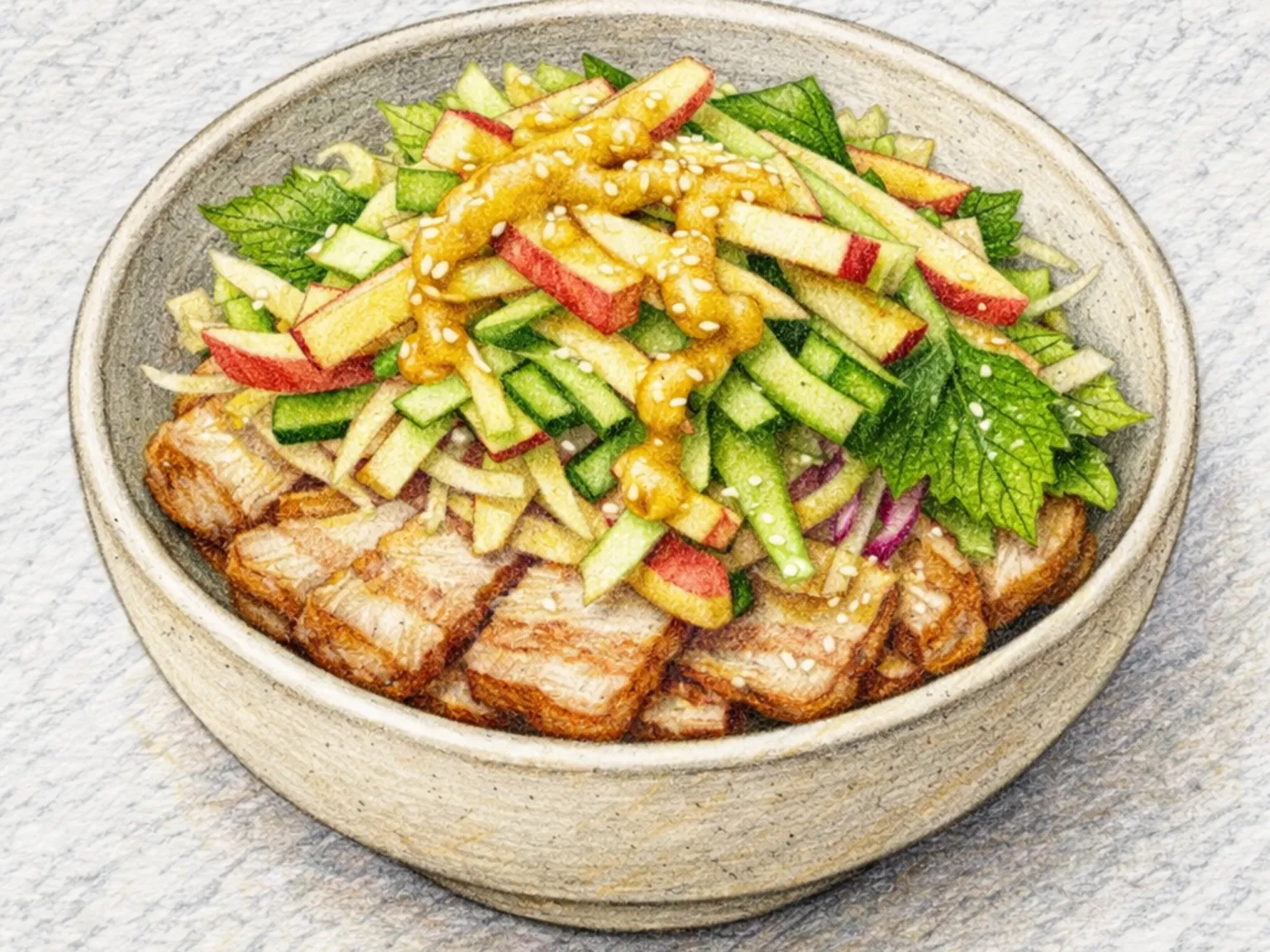 Pork Bossam Apple Mustard Salad (salada de barriga de porco cozida bossam com maçã e mostarda)