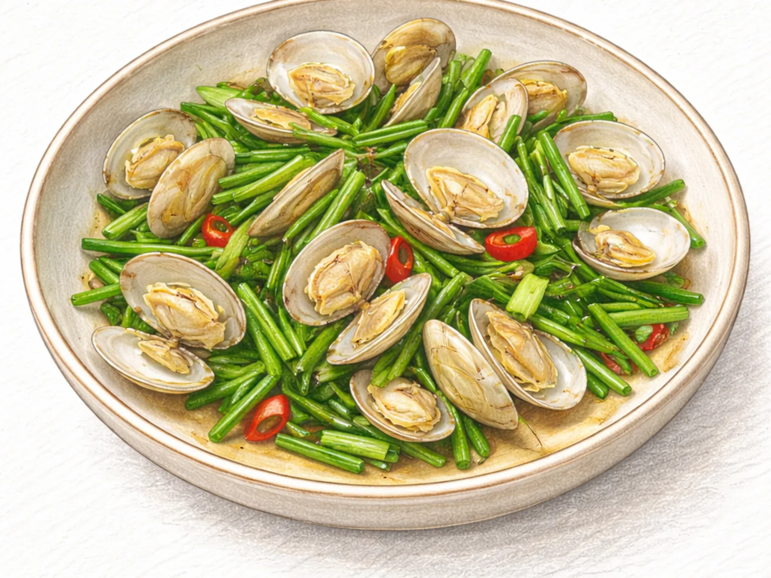 Buchu Baekhap Bokkeum (cebollín chino con almejas salteados)