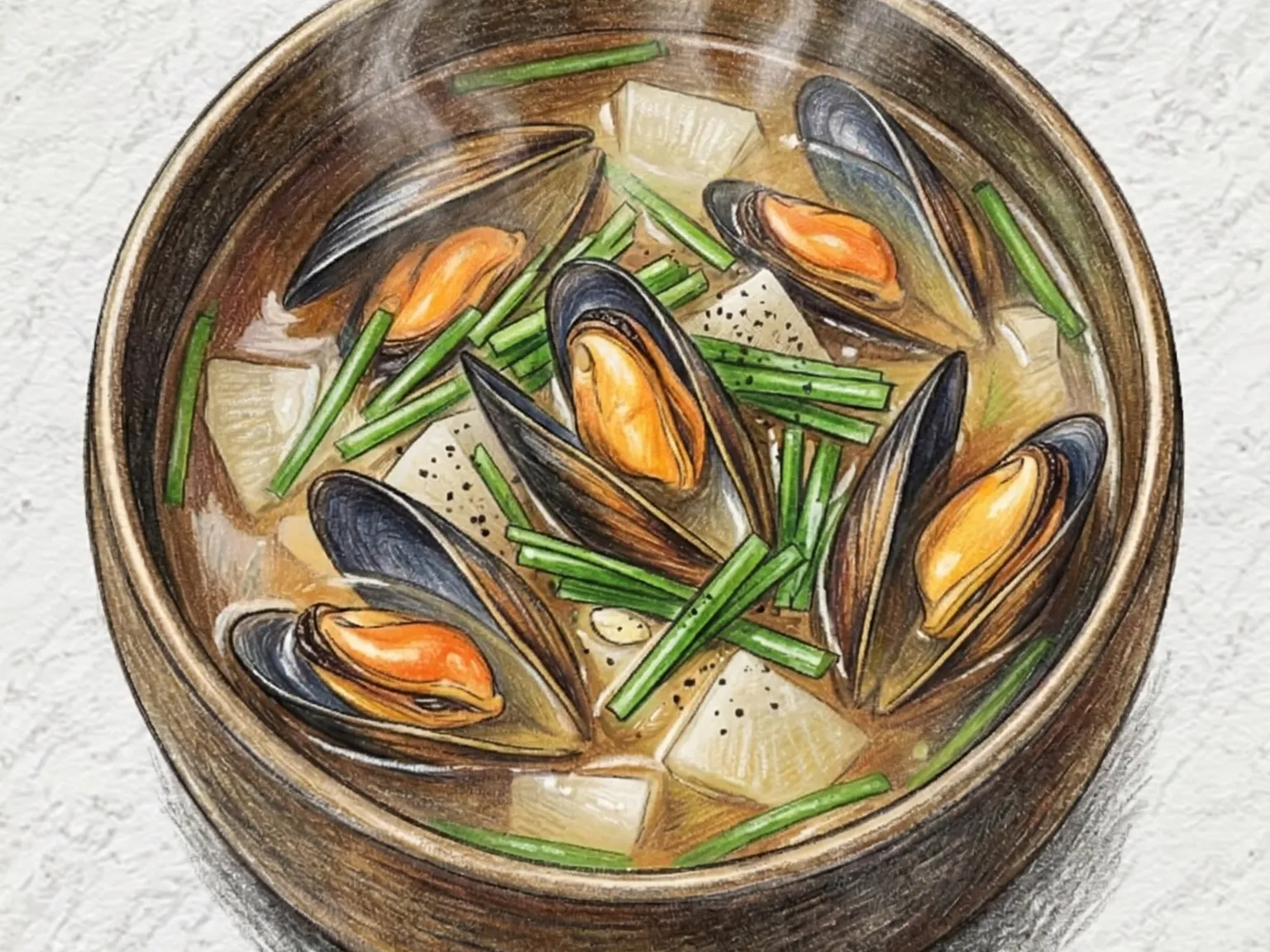 ニラとムール貝のクク(ムール貝とニラの旨味スープ)