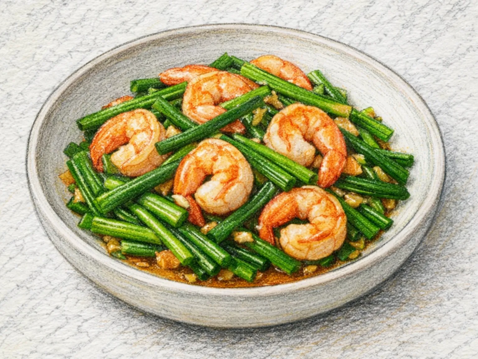 Buchu Saeu Bokkeum (cebollín chino con camarones salteados)