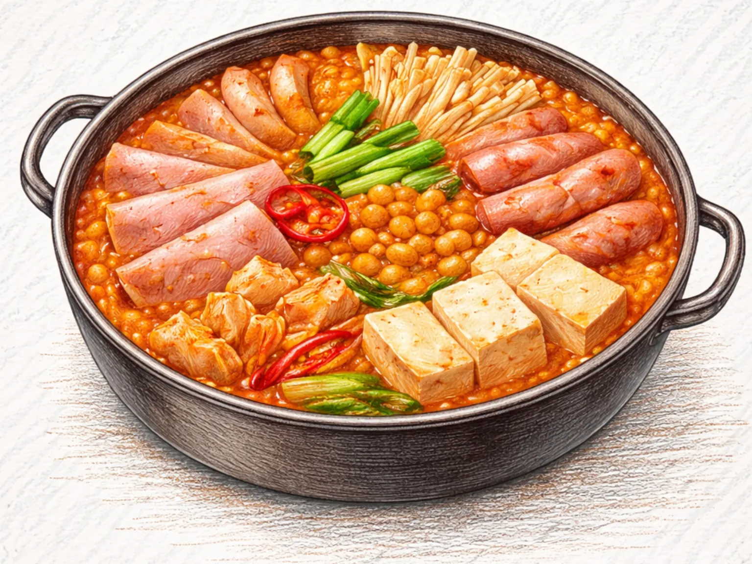 ソウル式プデチゲ(煮干しだし仕立ての軍隊鍋)