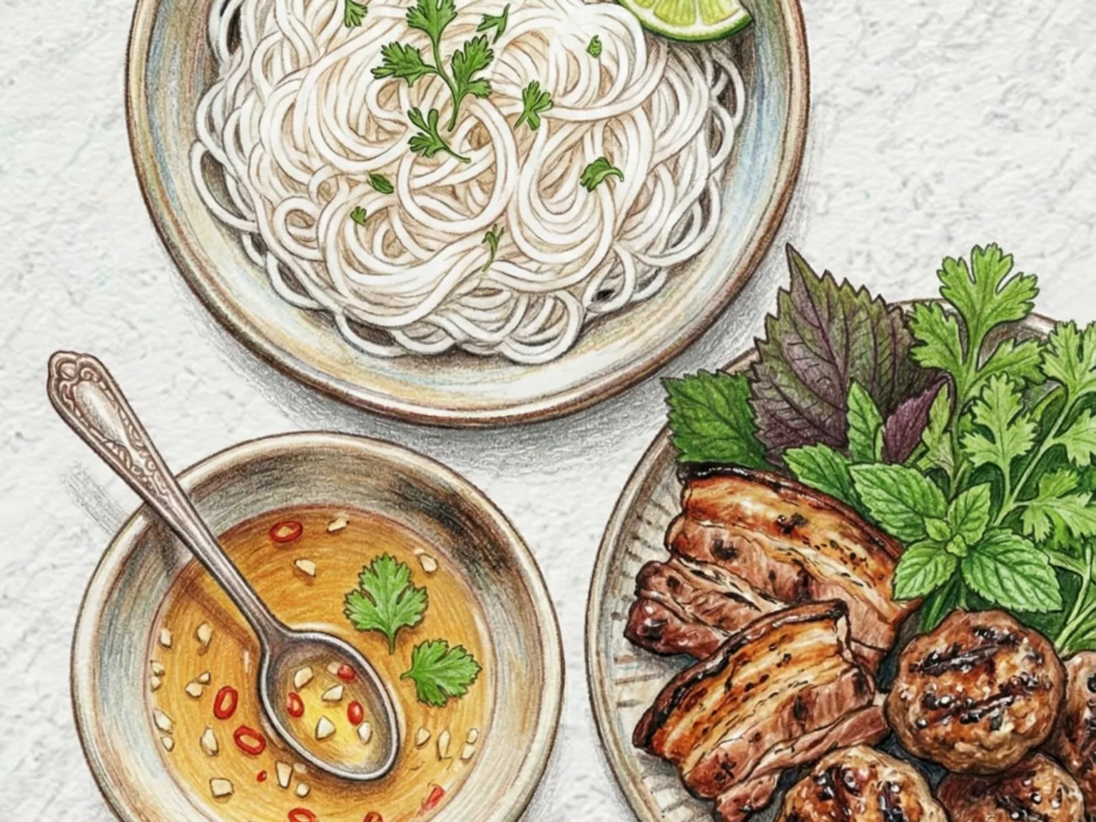 ハノイ・ブンチャー（炭火焼き豚パティと米麺のヌクチャム浸し）