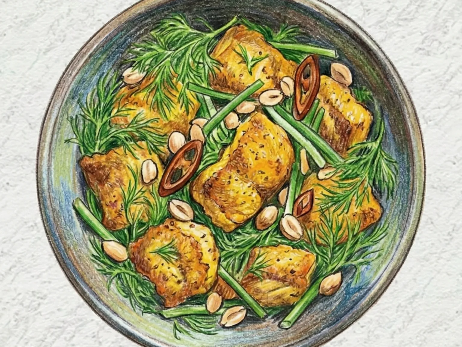 チャーカーラヴォン（ハノイ風ターメリック魚のディル添え食卓焼き）