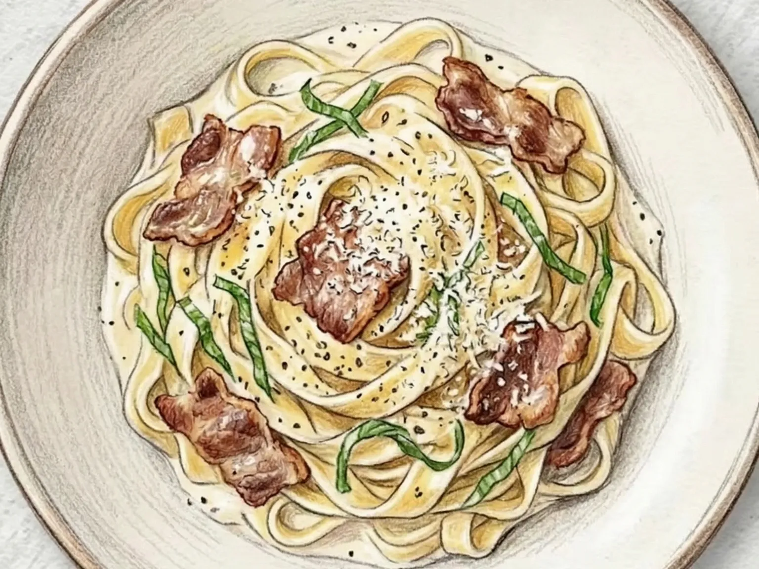 Chadol Perilla Cream Fettuccine (Fettuccine cremoso com peito de boi e folhas de perilla)