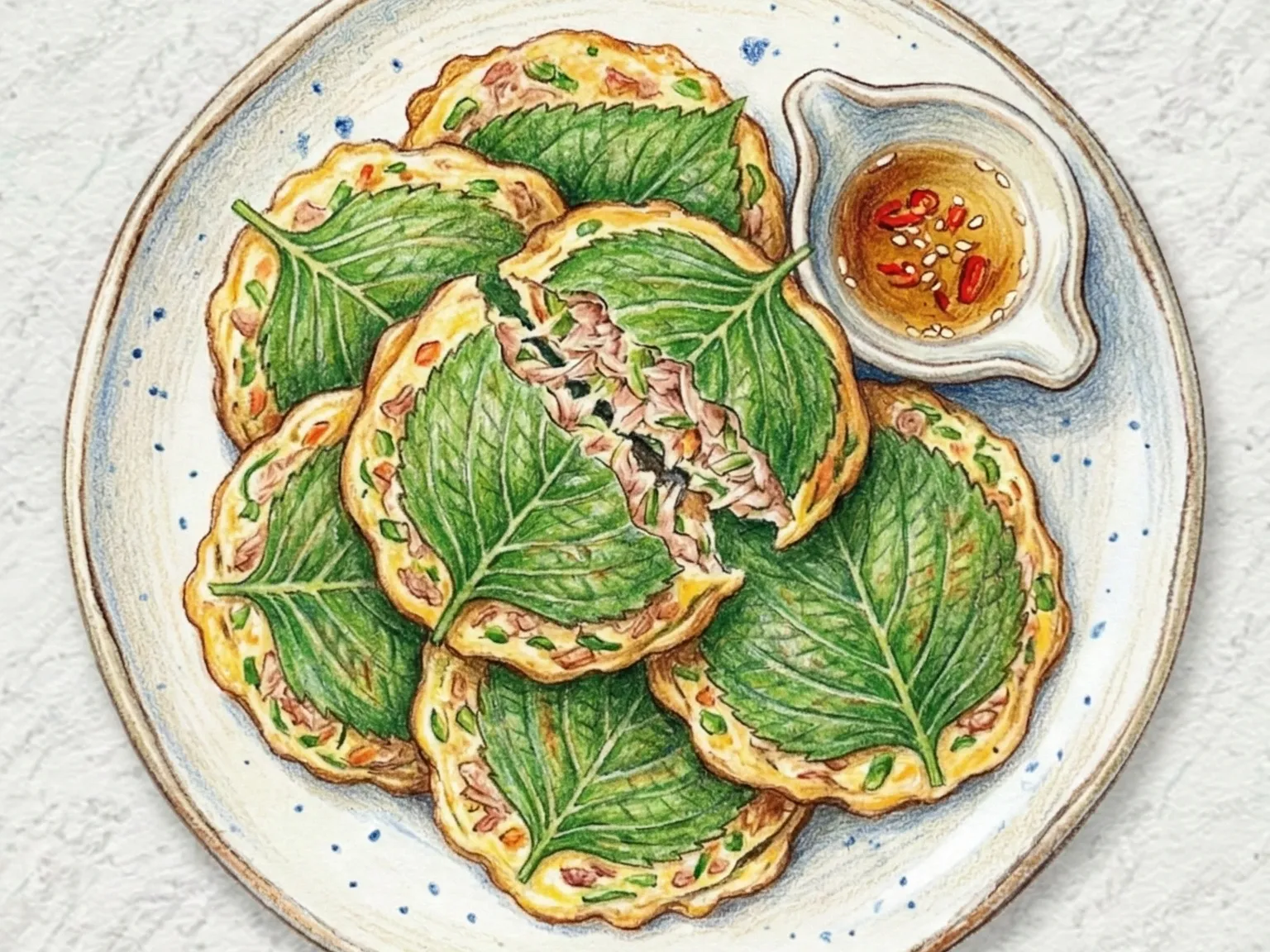 Chamchi Kkaennip Jeon (buñuelos de atún y hojas de perilla)