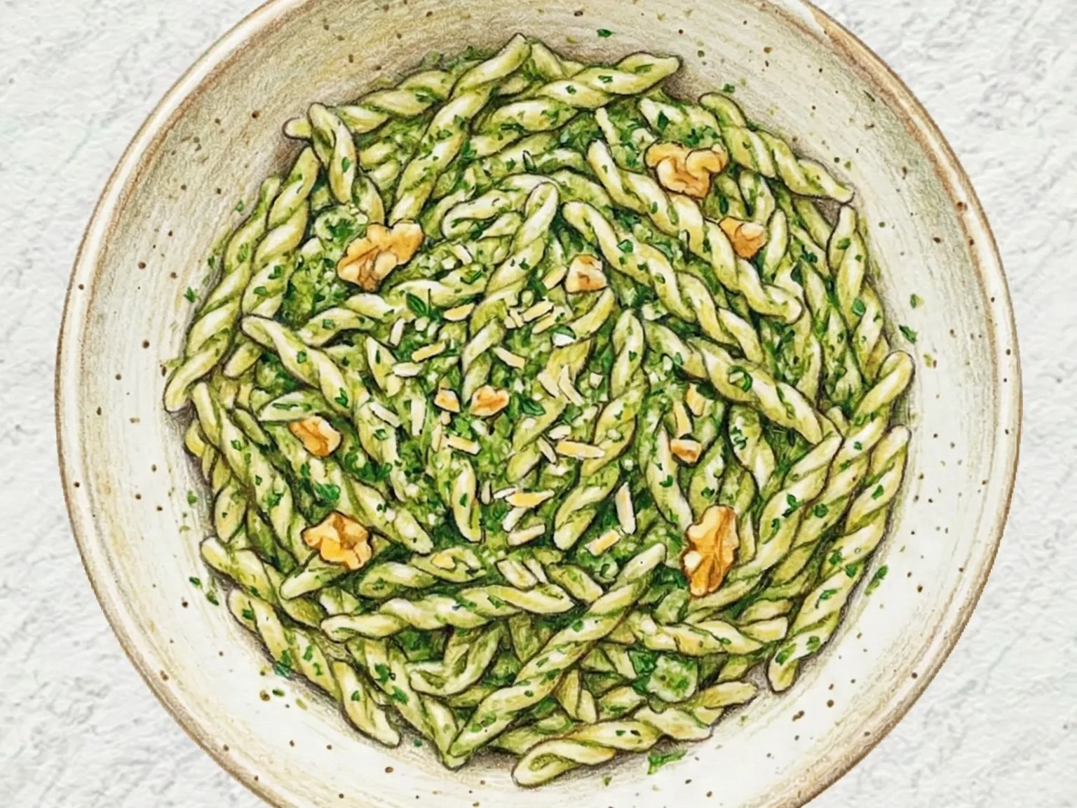 Chamnamul Walnut Pesto Trofie (pasta trofie con pesto de chamnamul y nueces)