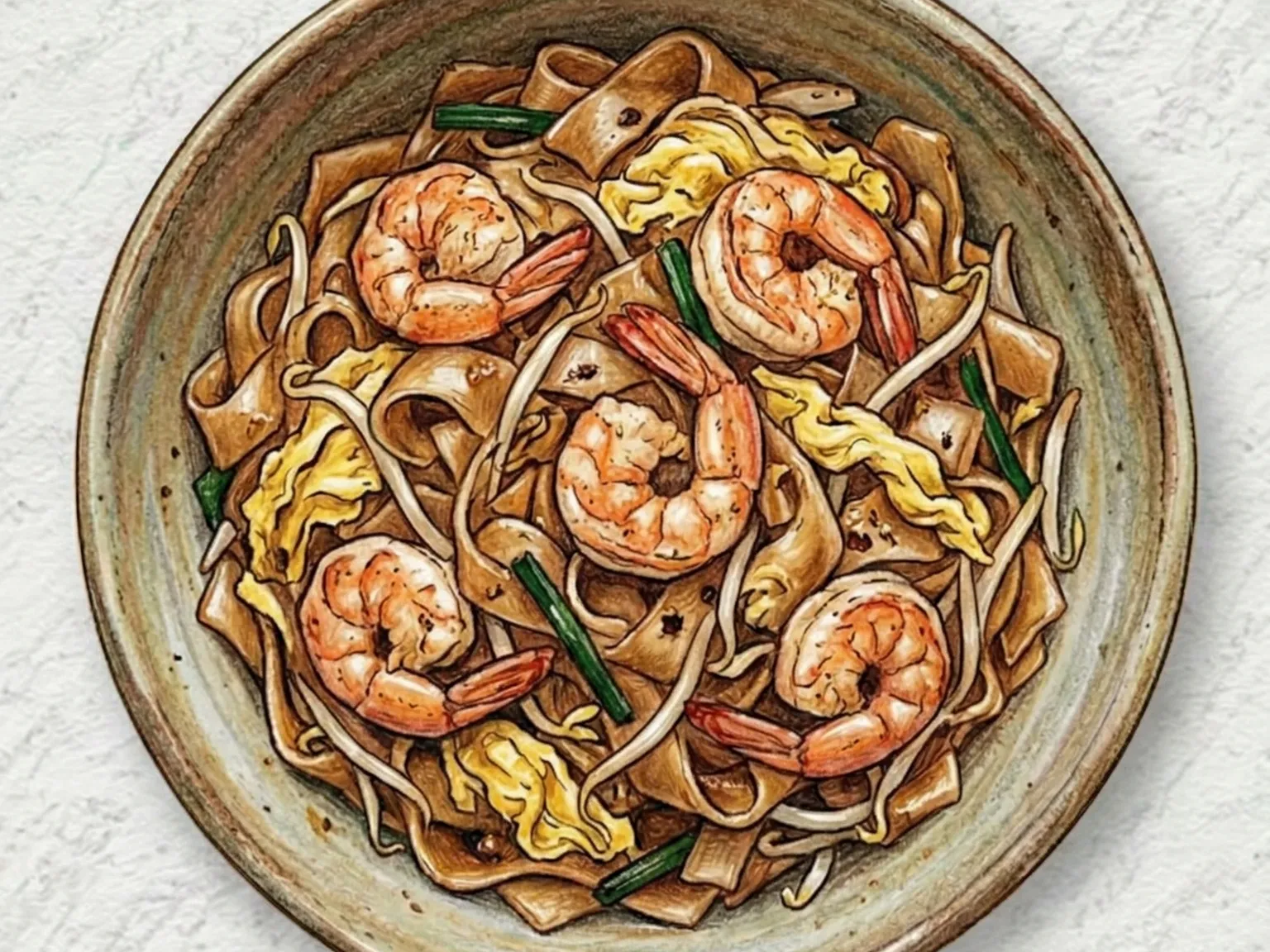 Char Kway Teow (Macarrão de arroz achatado frito de Penang com camarões)