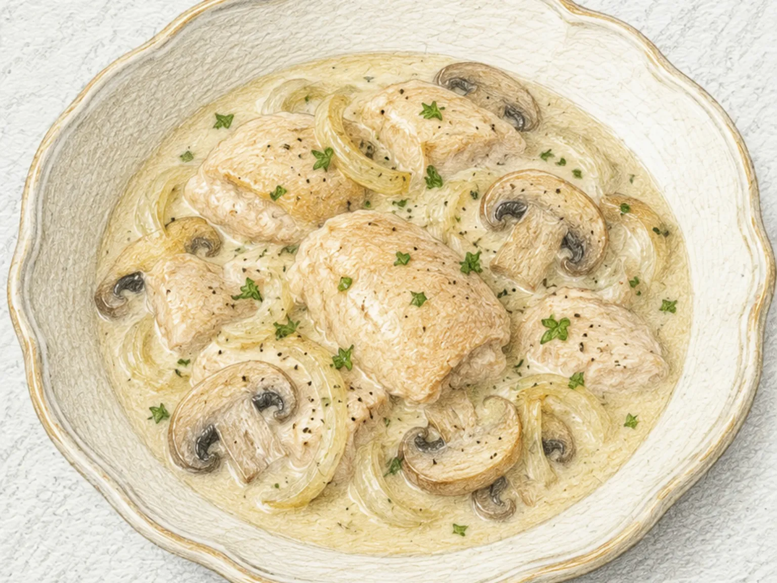 Chicken Fricassee (Frango ensopado francês com vinho branco e creme)