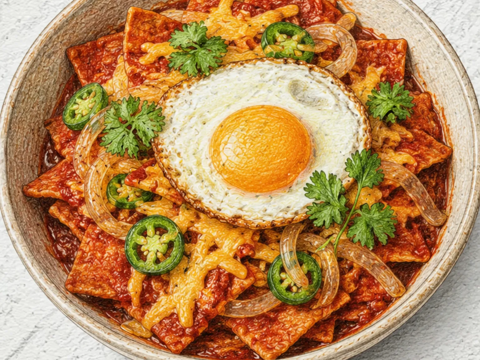 Chilaquiles Rojos (Tortilhas Mexicanas ao Molho Vermelho de Pimenta)