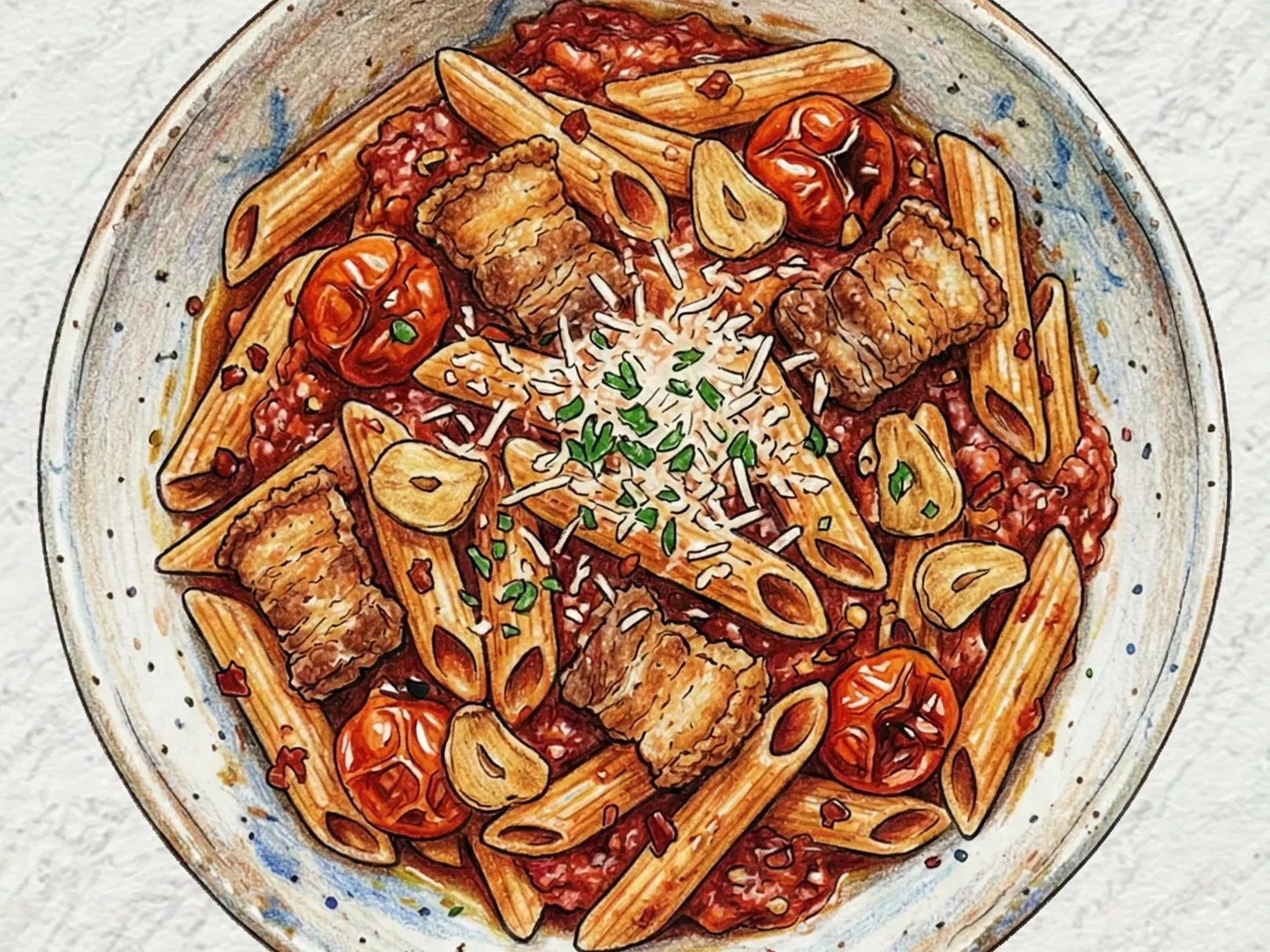 Chili Garlic Pork Belly Arrabbiata Penne (penne arrabbiata con panceta de cerdo, chile y ajo)