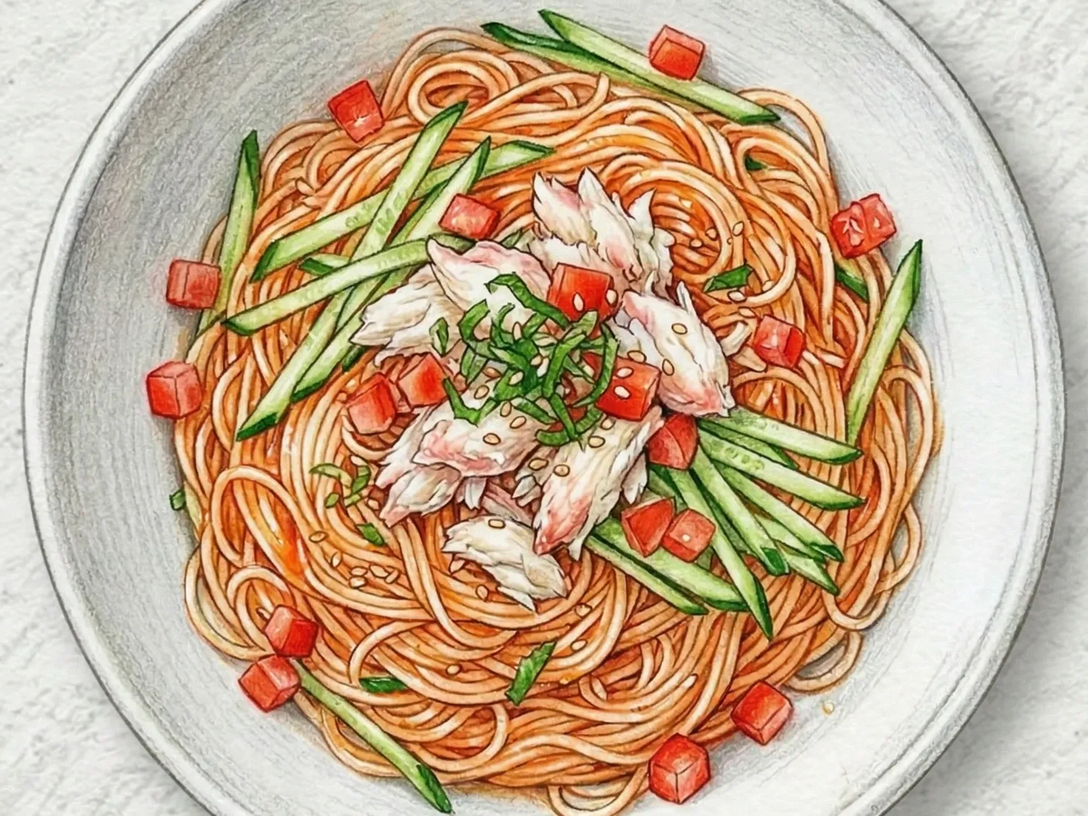 チョコチュジャンとワタリガニの冷製カペッリーニ(甘辛酸っぱい蟹パスタ)