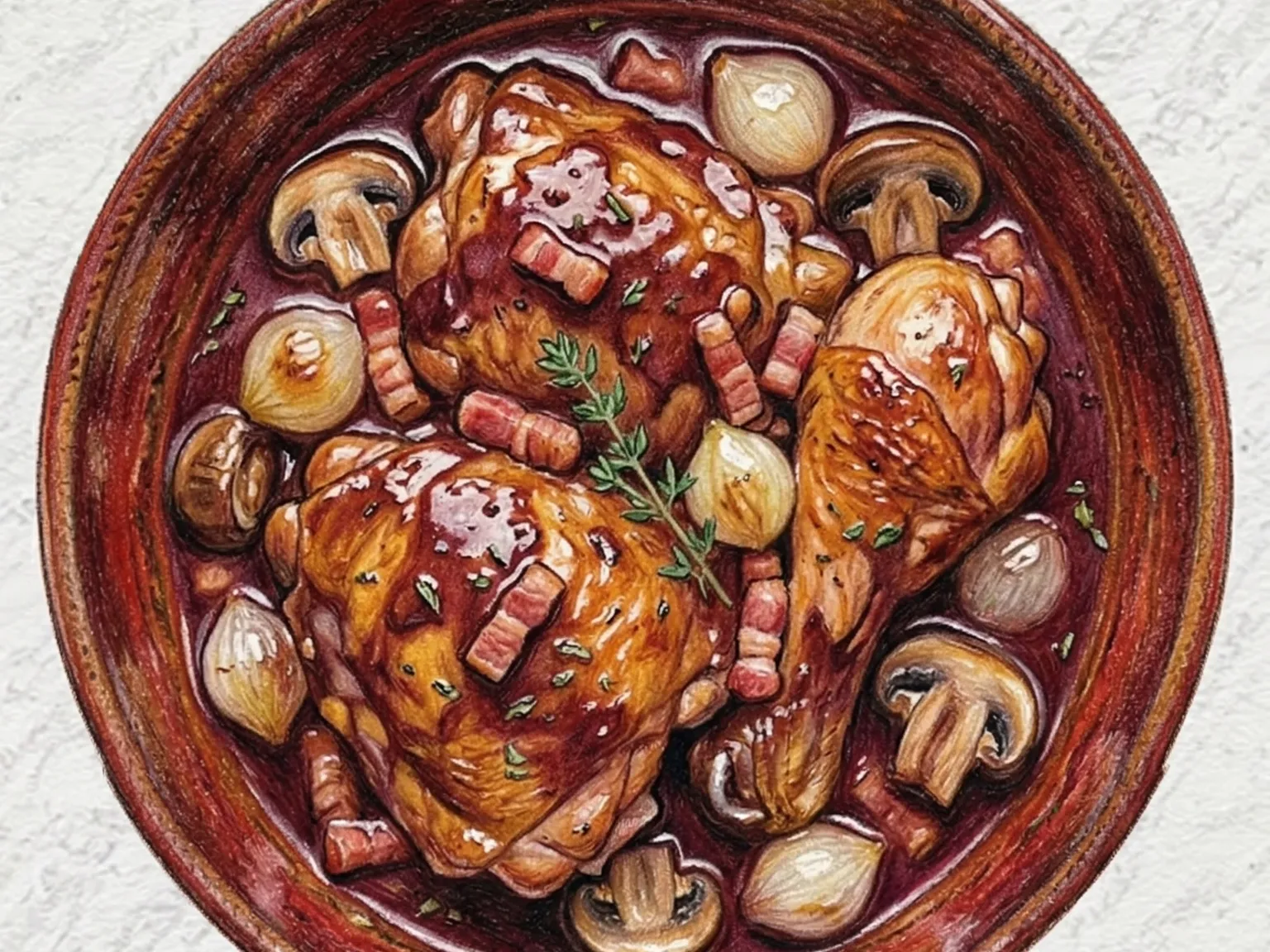 Coq au Vin (Frango francês refogado em vinho tinto com cogumelos)