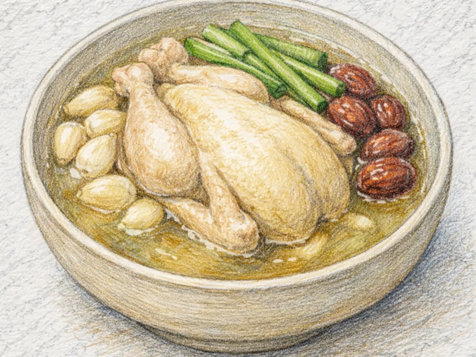 鶏の水炊き(タクペクスク)(丸鶏とナツメのスタミナスープ)