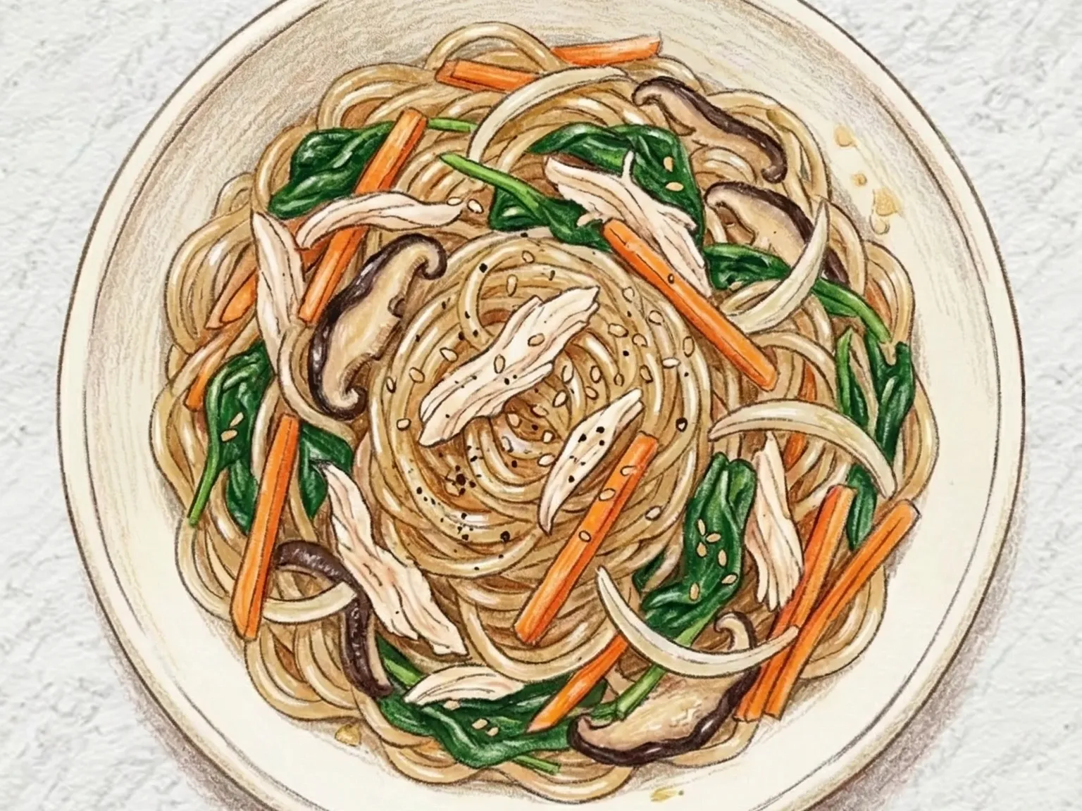 Dak-japchae (fideos de cristal con pechuga de pollo y verduras coreano)