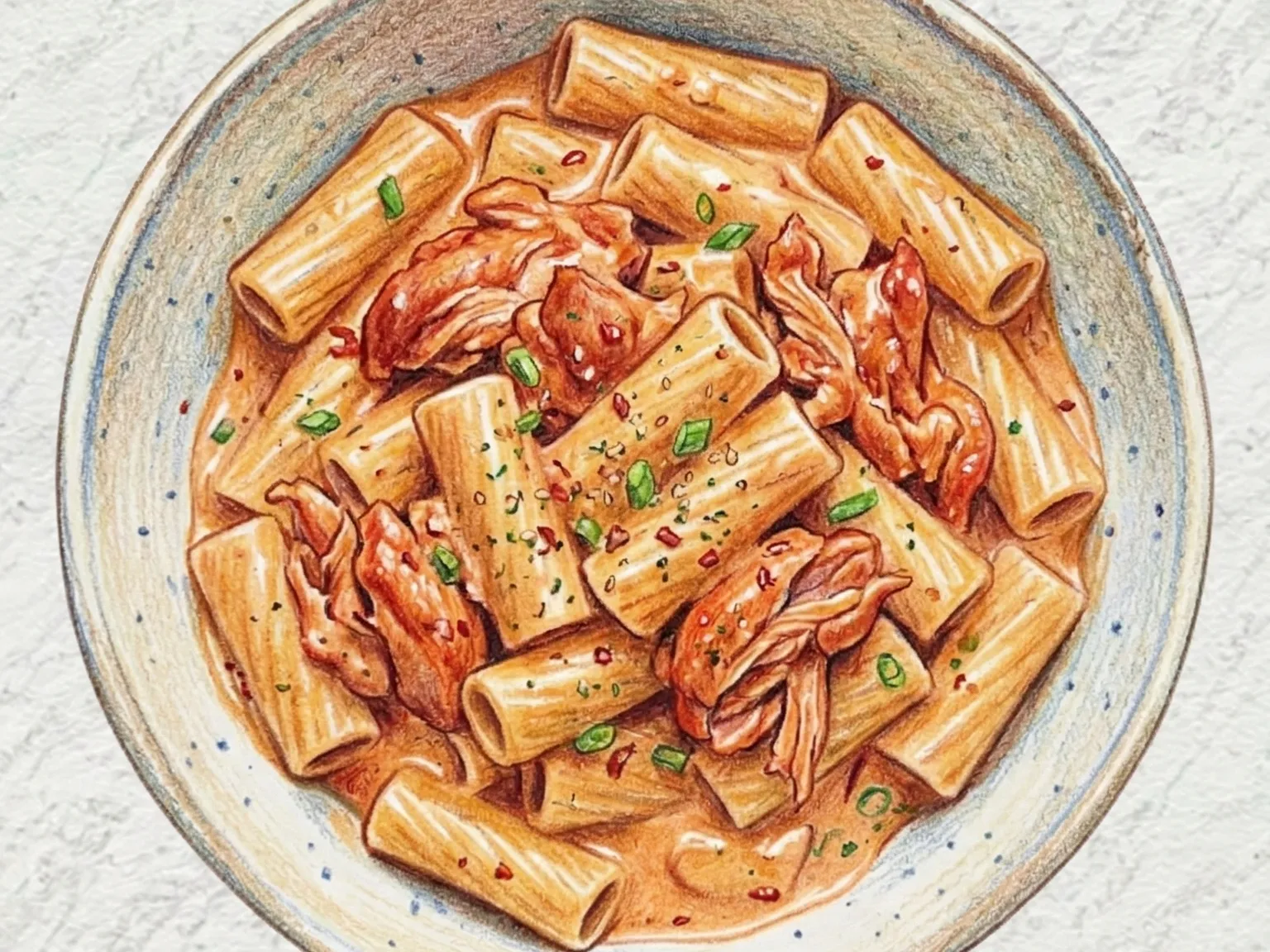 タッカルビクリームリガトーニ(韓国辛味チキンクリームパスタ)