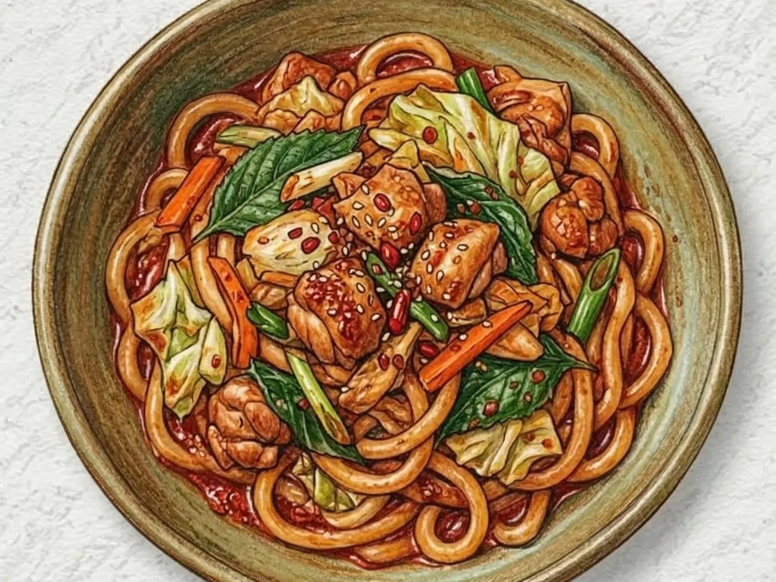 Dakgalbi Udon Bokkeum (Udon salteado com frango picante coreano)