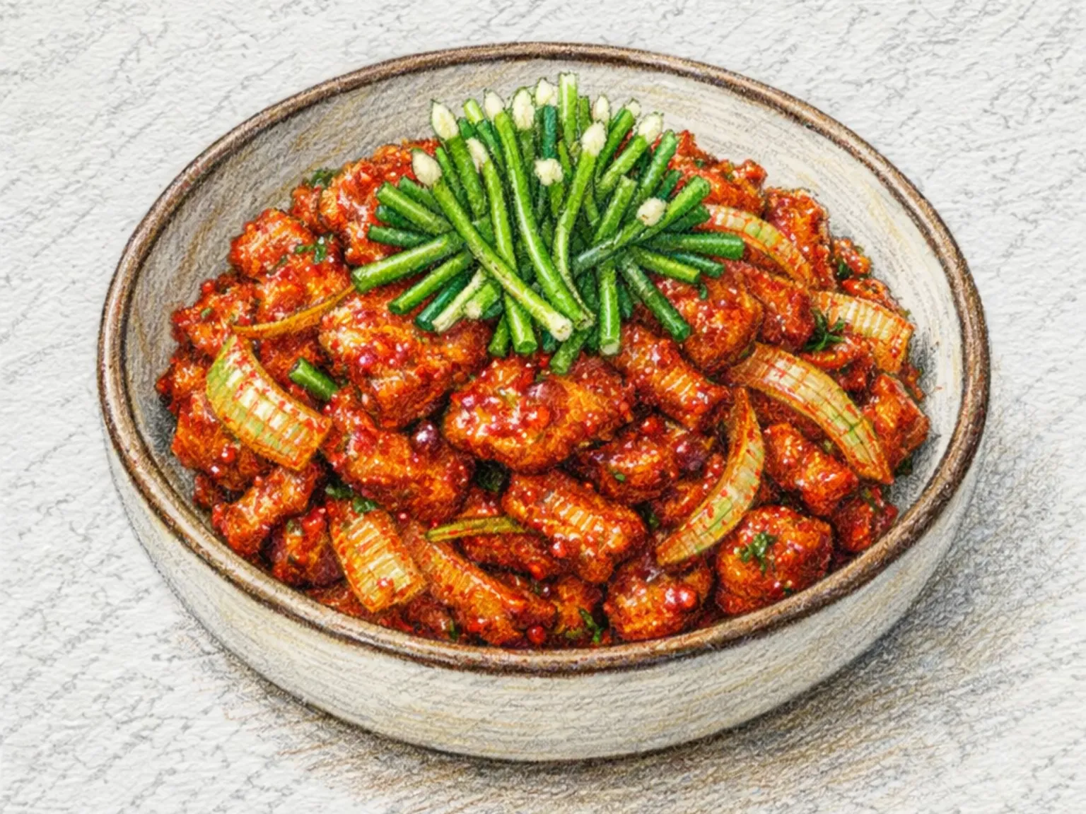 Dallae-dwaejigogi-bokkeum (refogado de porco e cebolinha silvestre coreano)