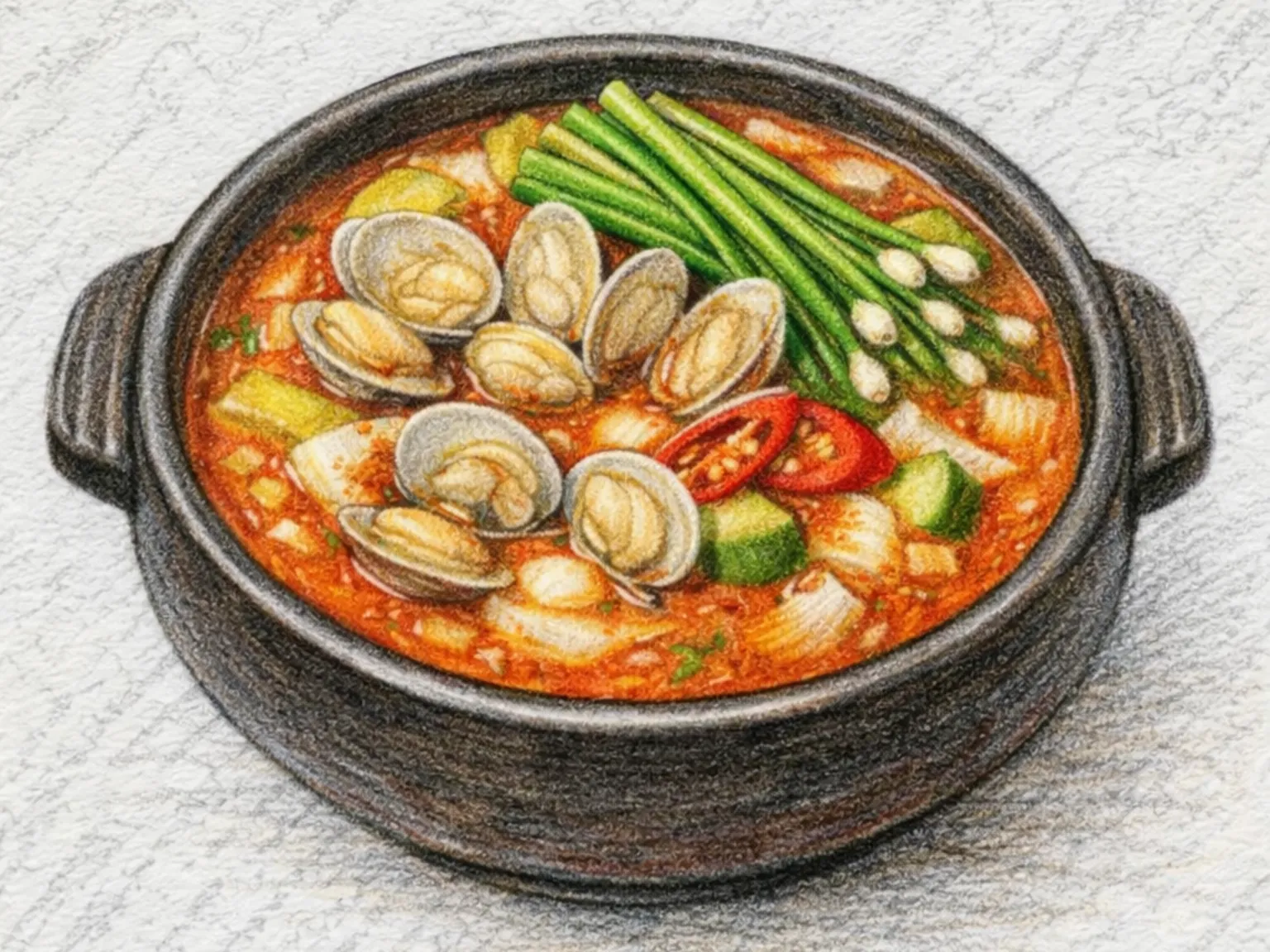 ノビルアサリコチュジャンチゲ(春野草と貝のピリ辛鍋)