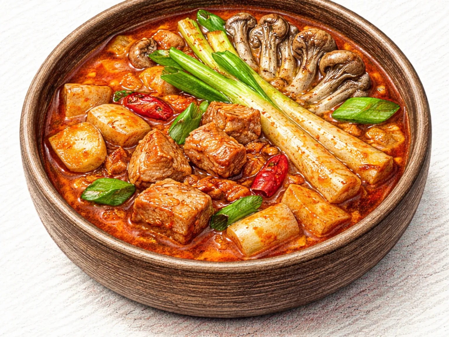 ツルニンジン豚肉チゲ(山菜と豚肩肉のピリ辛鍋)