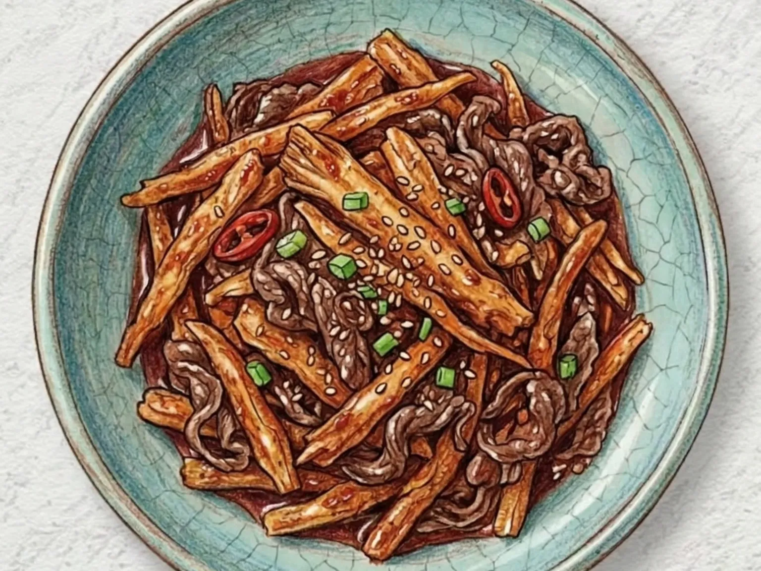 トドックソゴギコチュジャンポックム（ツルニンジンと牛肉のコチュジャン炒め）