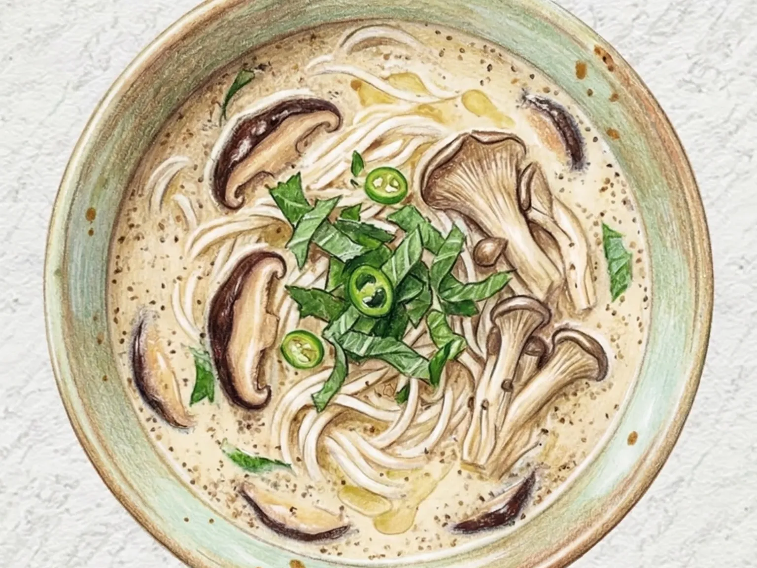 Deulkkae Beoseot On Ssalguksu (Sopa Coreana Quente de Macarrão de Arroz e Cogumelos com Perilla)