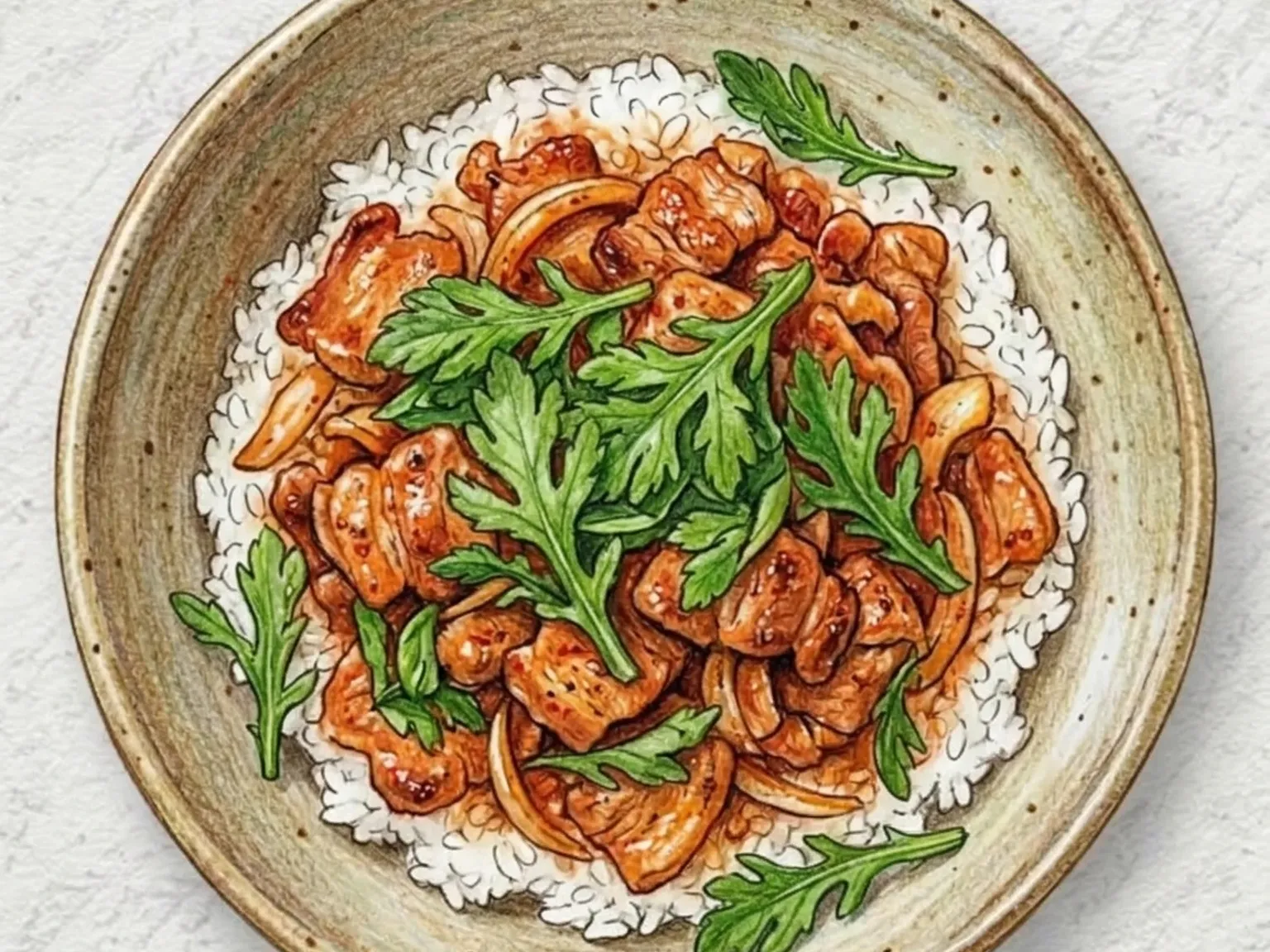 豚プルコギ春菊丼(甘辛豚肉と香り高い春菊の丼)