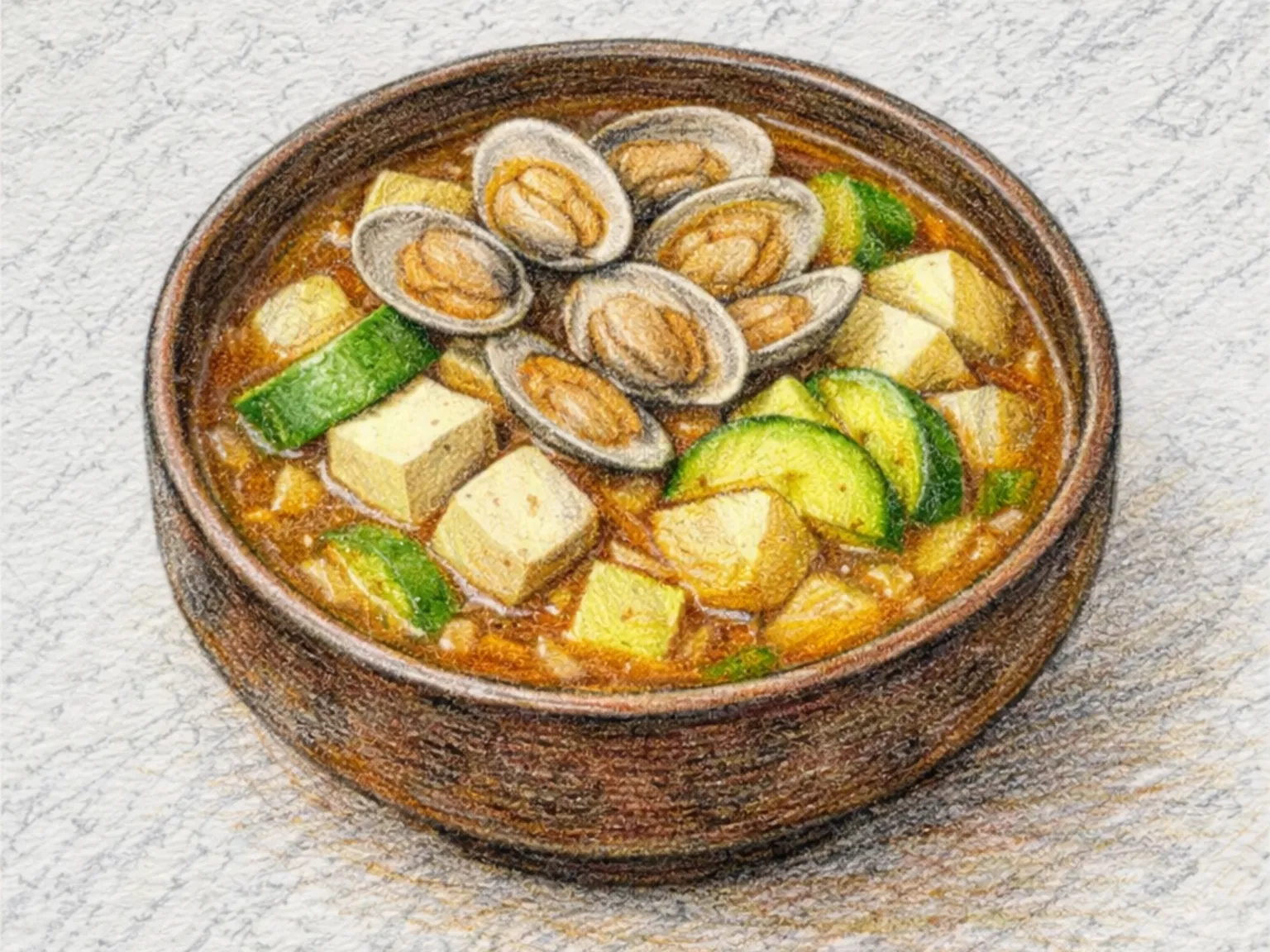 Doenjang Jjigae (estofado de pasta de soja coreano con almejas y calabacín)