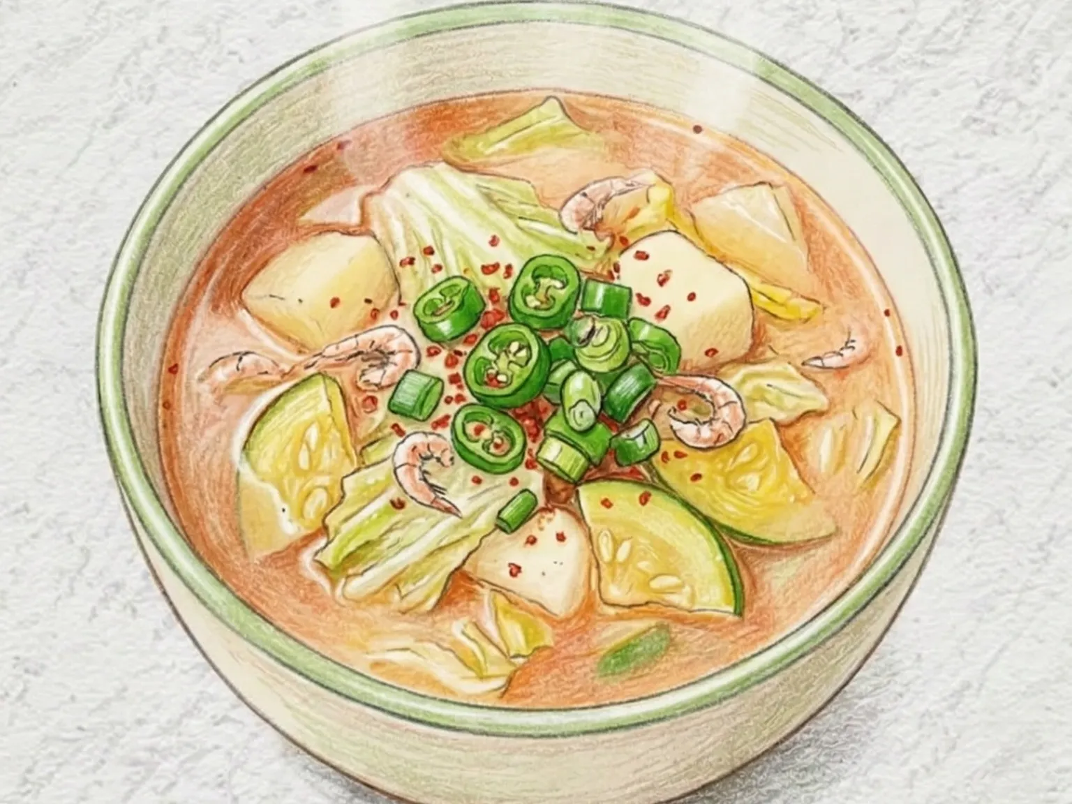 若白菜とアミの塩辛チゲ（塩辛仕立ての野菜スープ）