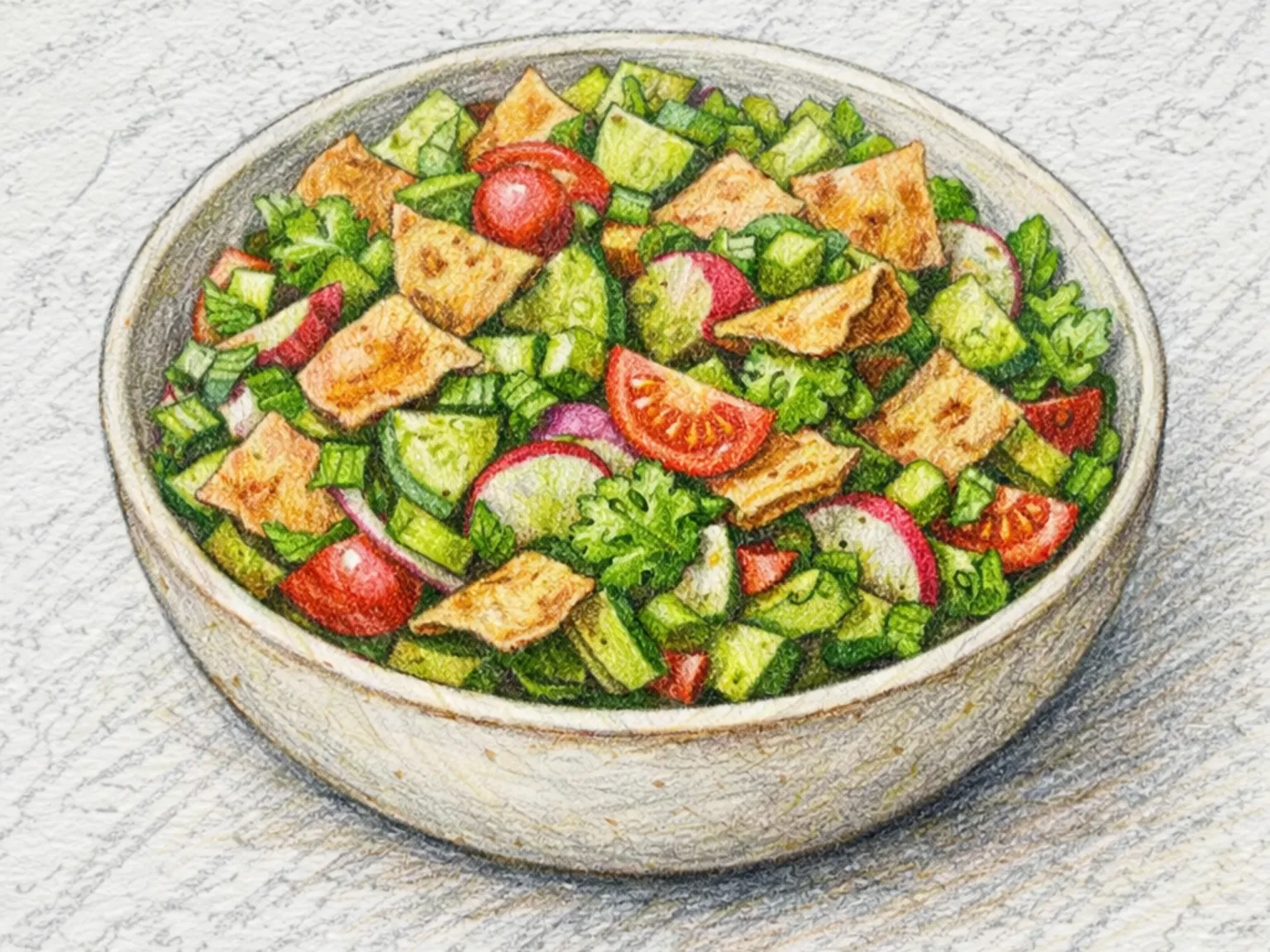 Salada Fattoush (Salada de Vegetais com Pita Crocante e Sumagre)