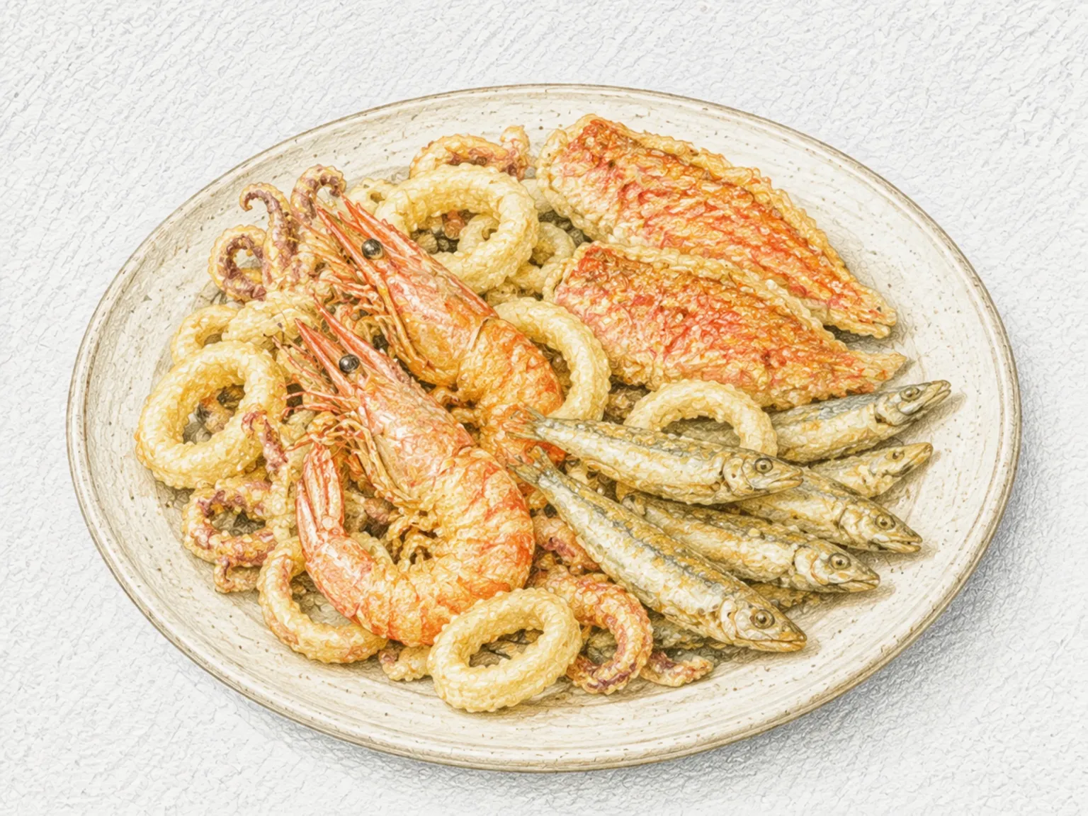 フリット・ミスト・ディ・ペッシェ（魚介の盛り合わせ揚げ）