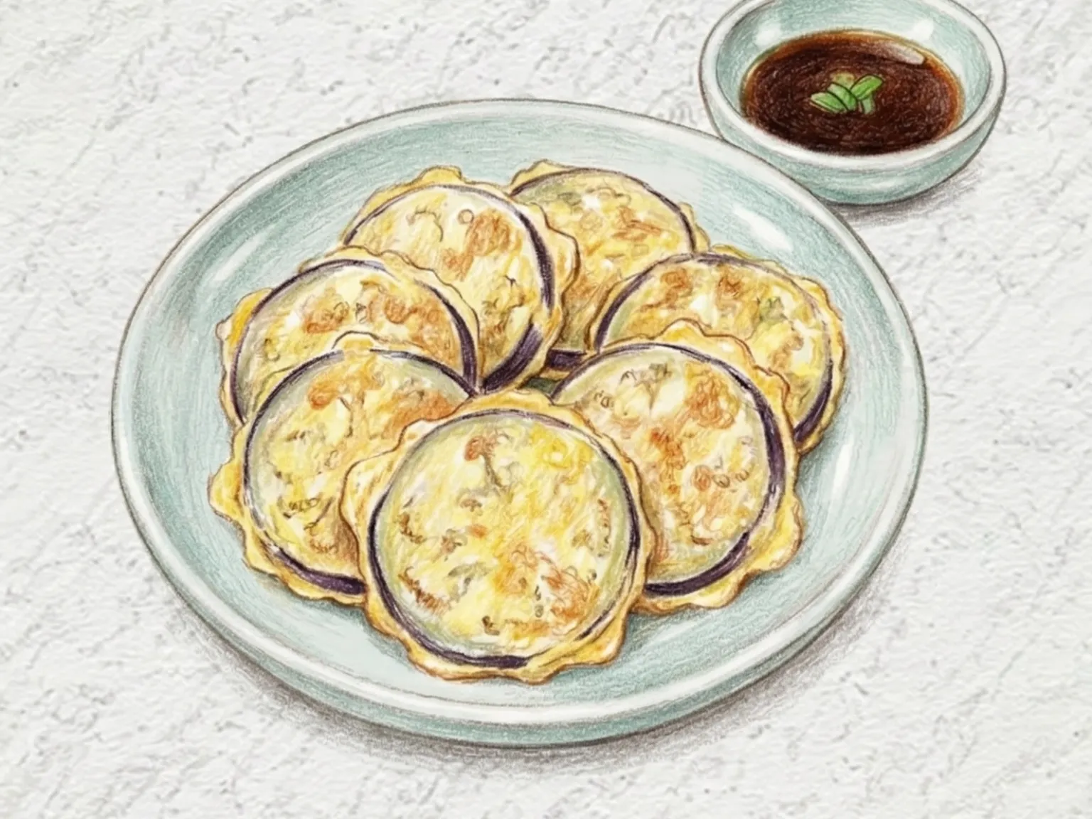 ナスのチヂミ（卵衣で焼いた輪切りナス）