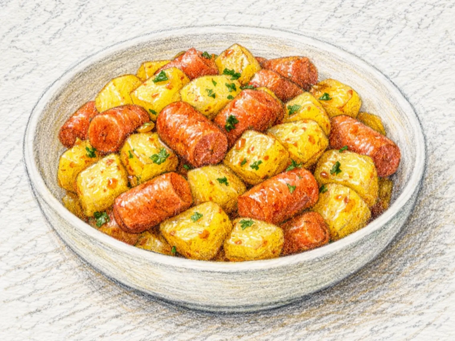 カムジャソシジポックム(じゃがいもとソーセージの炒め物)