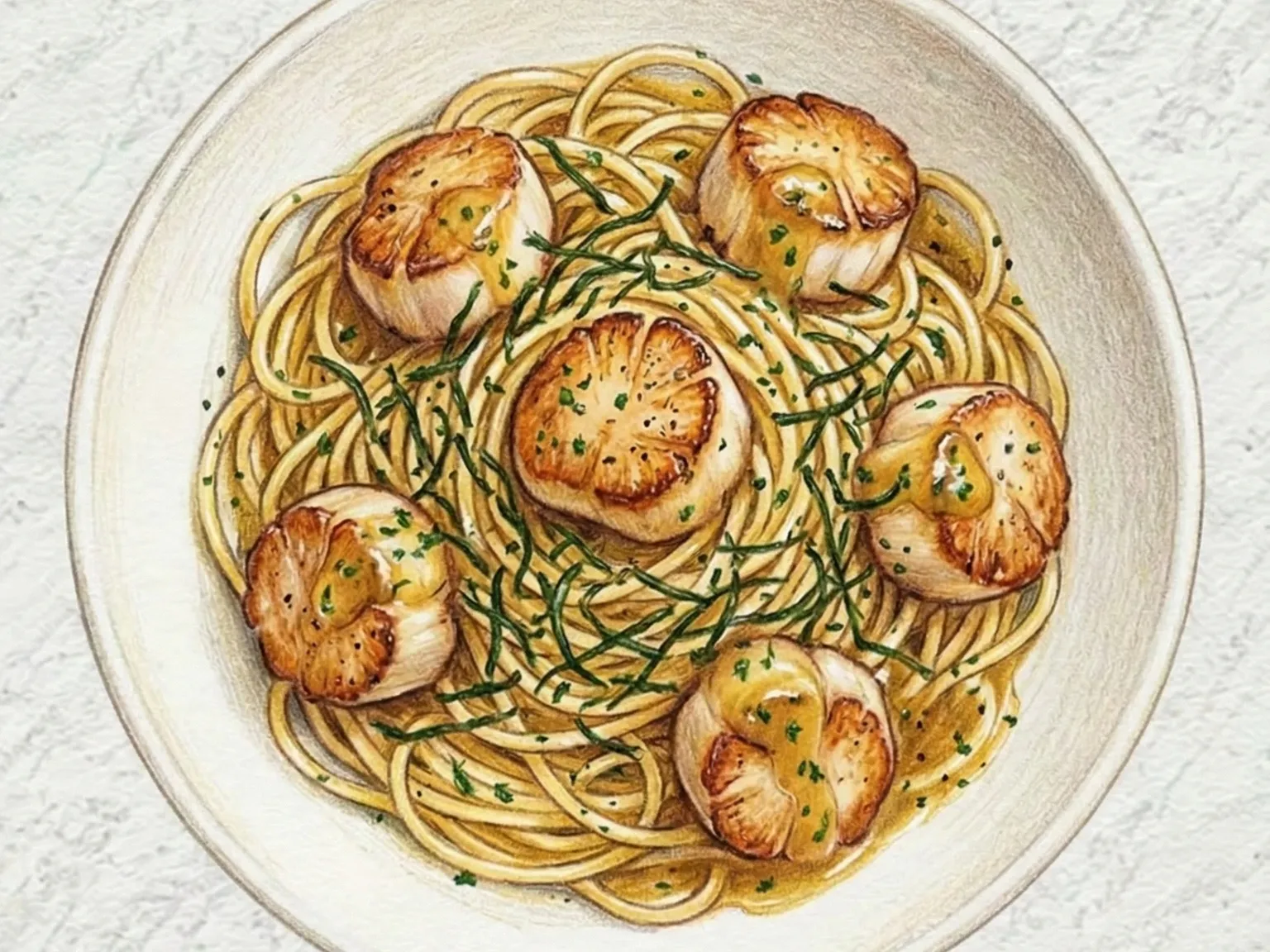 Gamtae Butter Scallop Spaghetti (espaguetis con vieiras, mantequilla y alga gamtae)