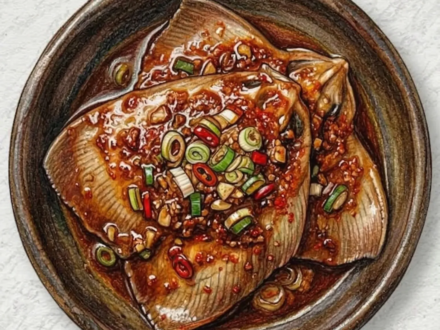 Gaori-jjim (raya braseada coreana con rábano en salsa de soja picante)