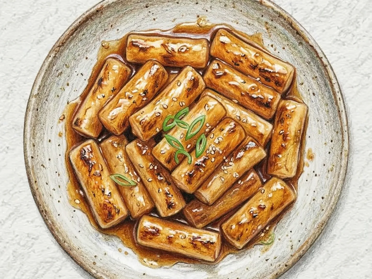 Garaetteok Ganjang Gui (pasteles de arroz a la parrilla con glaseado de soja coreanos)