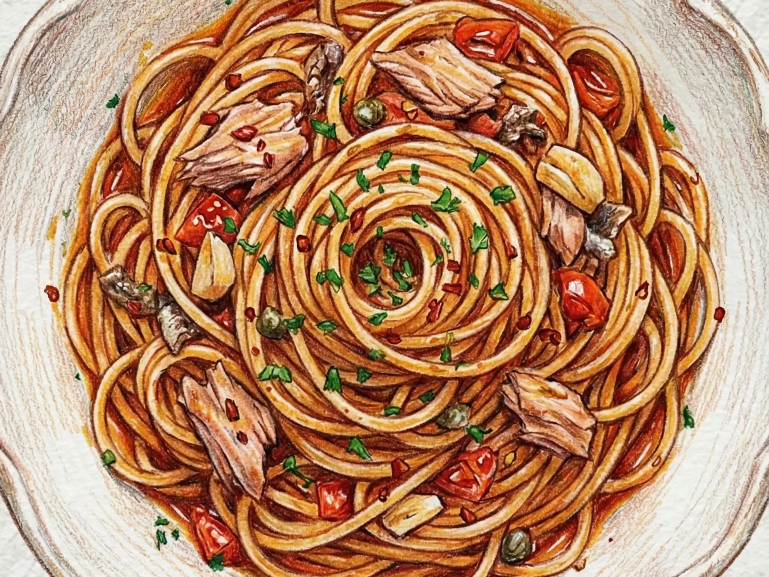 唐辛子オイルツナプッタネスカスパゲッティ(辛口ツナトマトパスタ)