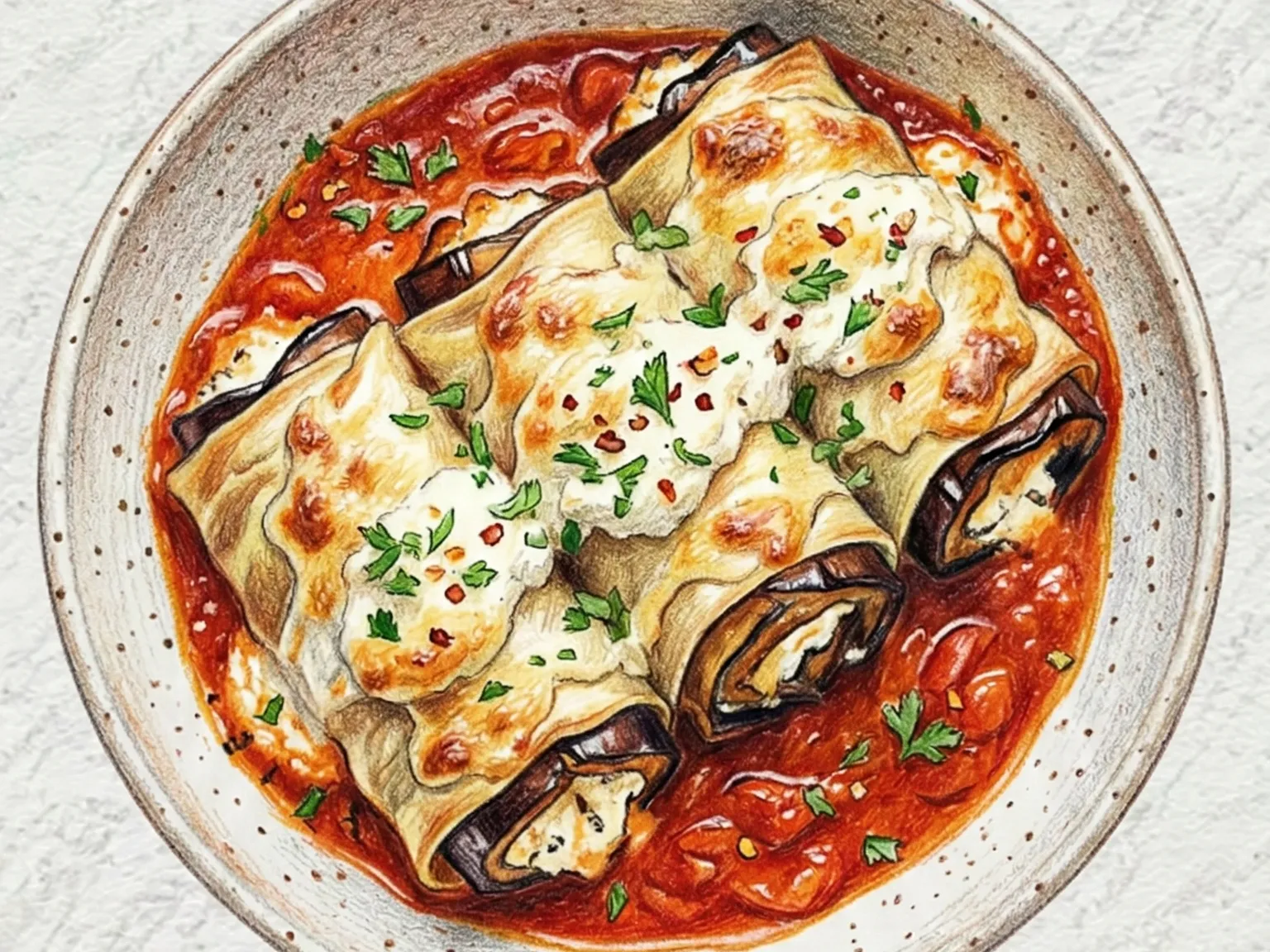 Gochujang (pasta de pimenta coreana fermentada) Eggplant Ricotta Lasagna Rolls