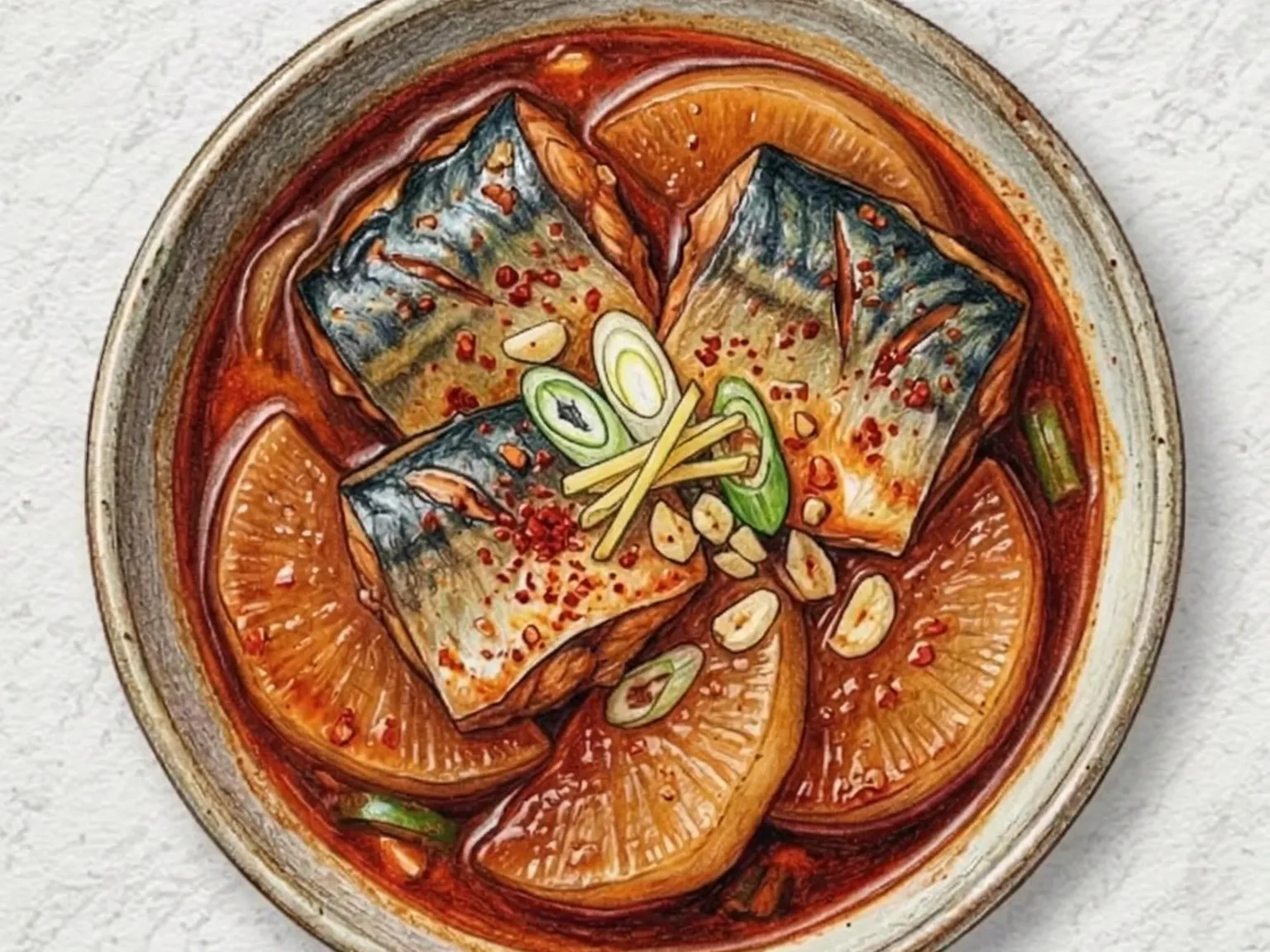 Korean Braised Mackerel in Spicy Sauce